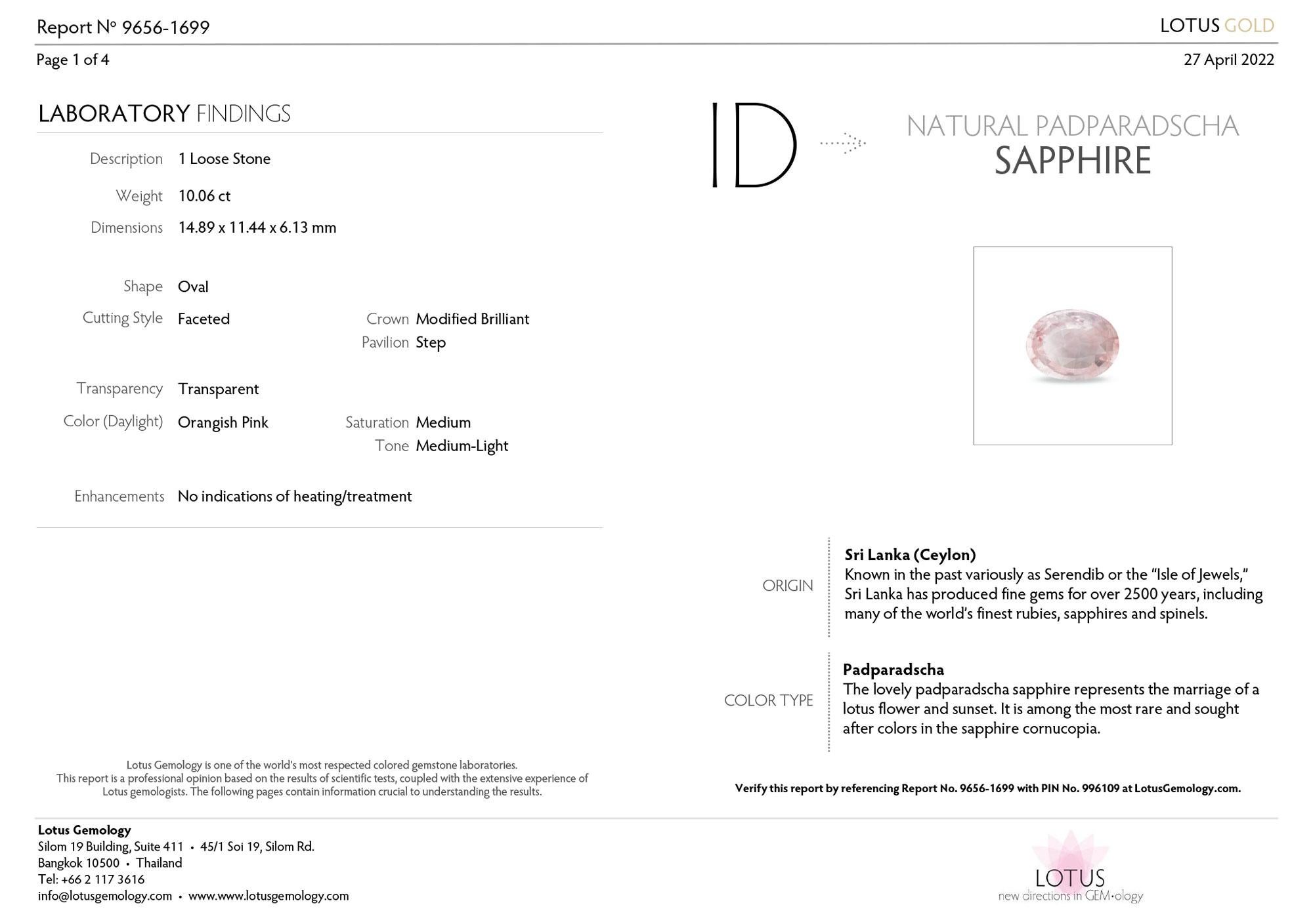 Bague Padparadscha avec saphir ovale certifié 10 carats, sans chaleur Neuf - En vente à Rome, IT