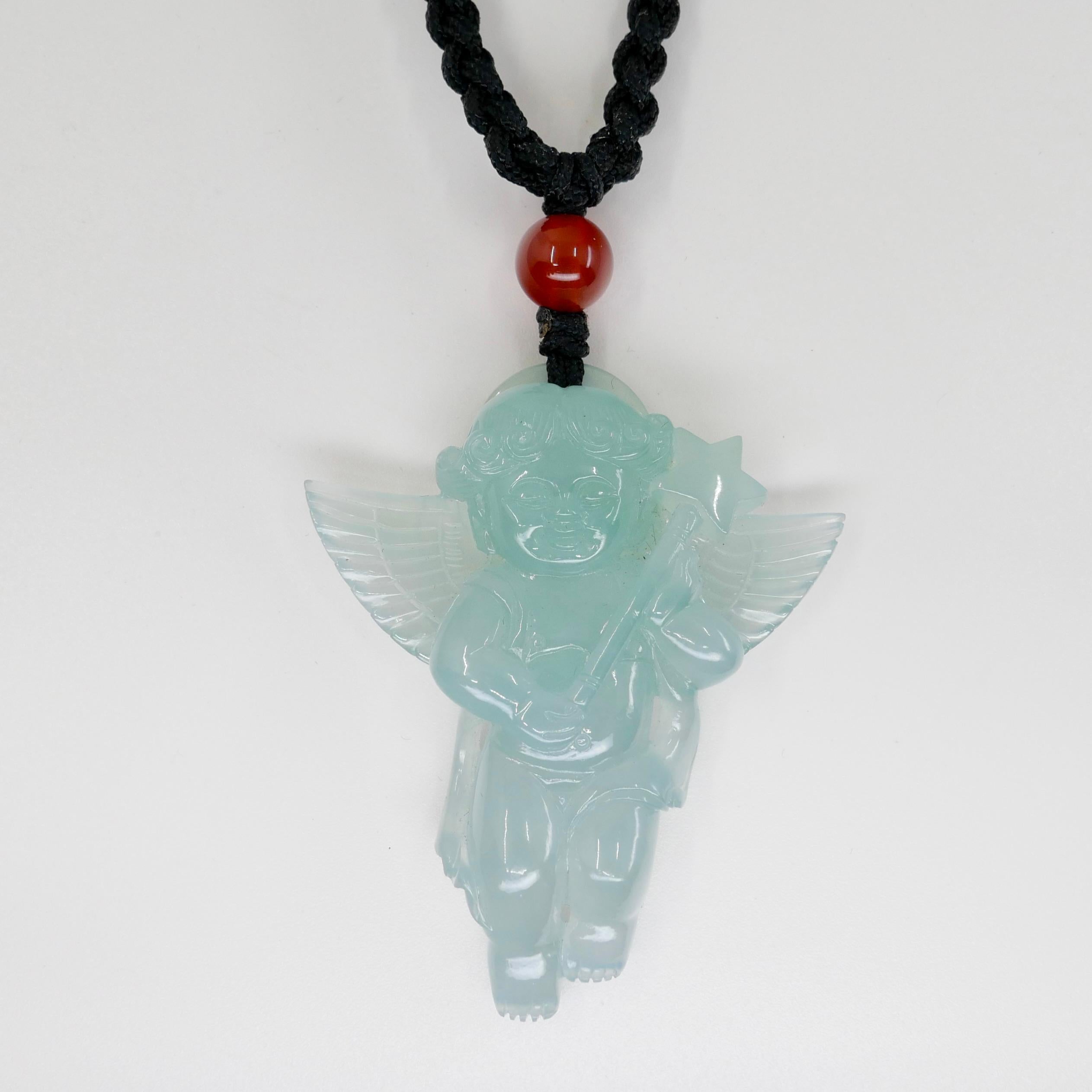 Certified 100 Carats Natural Icy Green Jade & Agate Angel Pendant Necklace, XXL For Sale 2