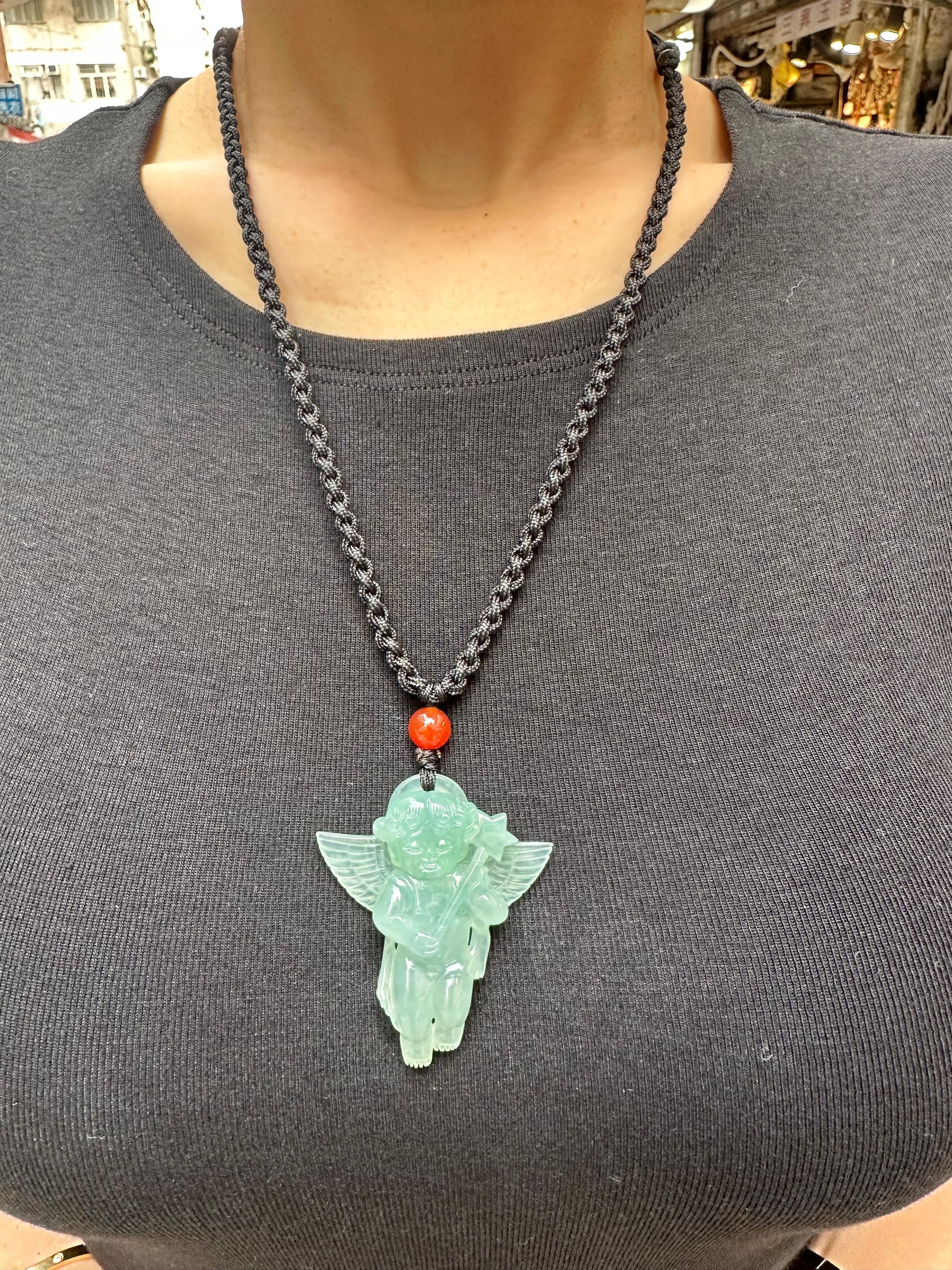 Certified 100 Carats Natural Icy Green Jade & Agate Angel Pendant Necklace, XXL For Sale 3