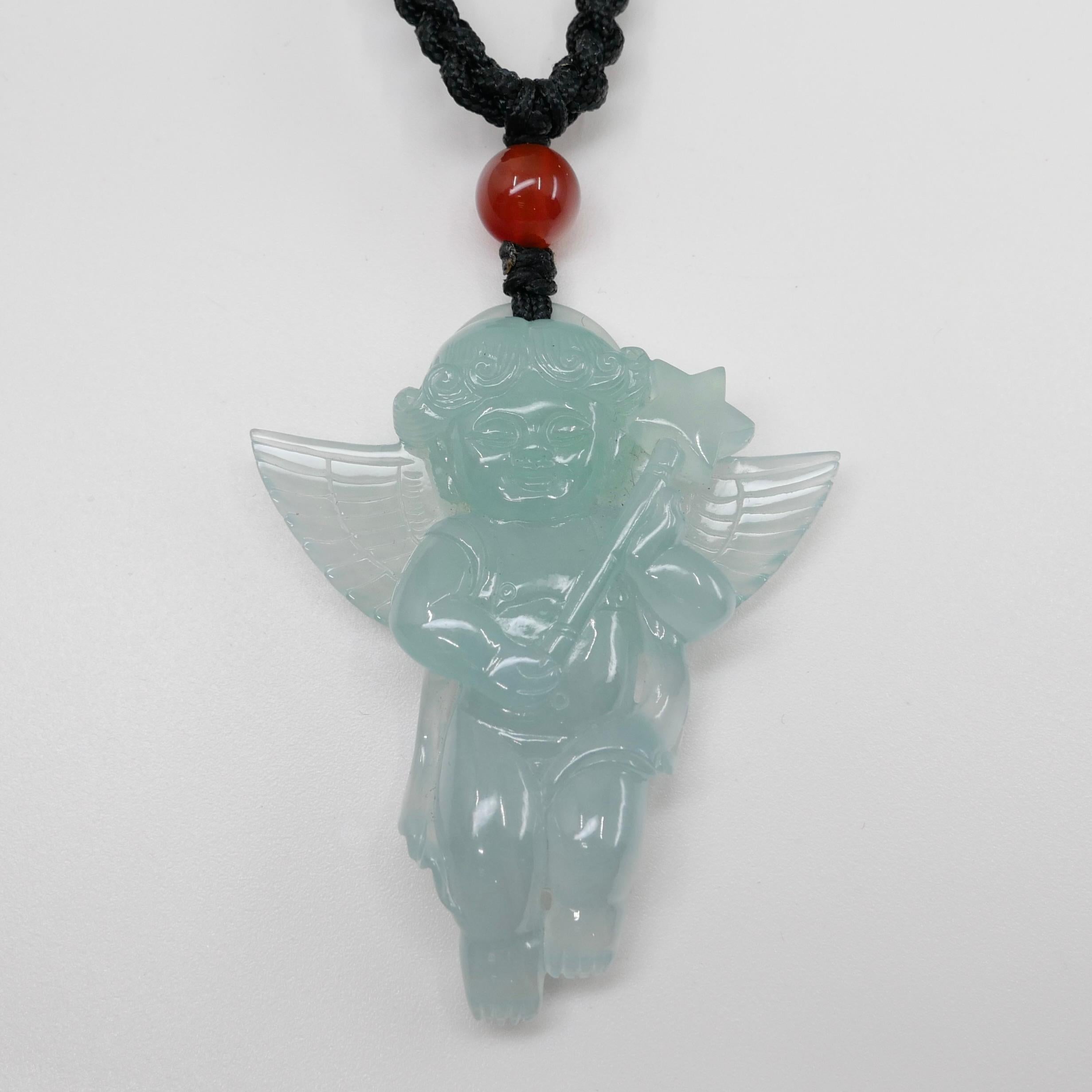 Certified 100 Carats Natural Icy Green Jade & Agate Angel Pendant Necklace, XXL For Sale 4