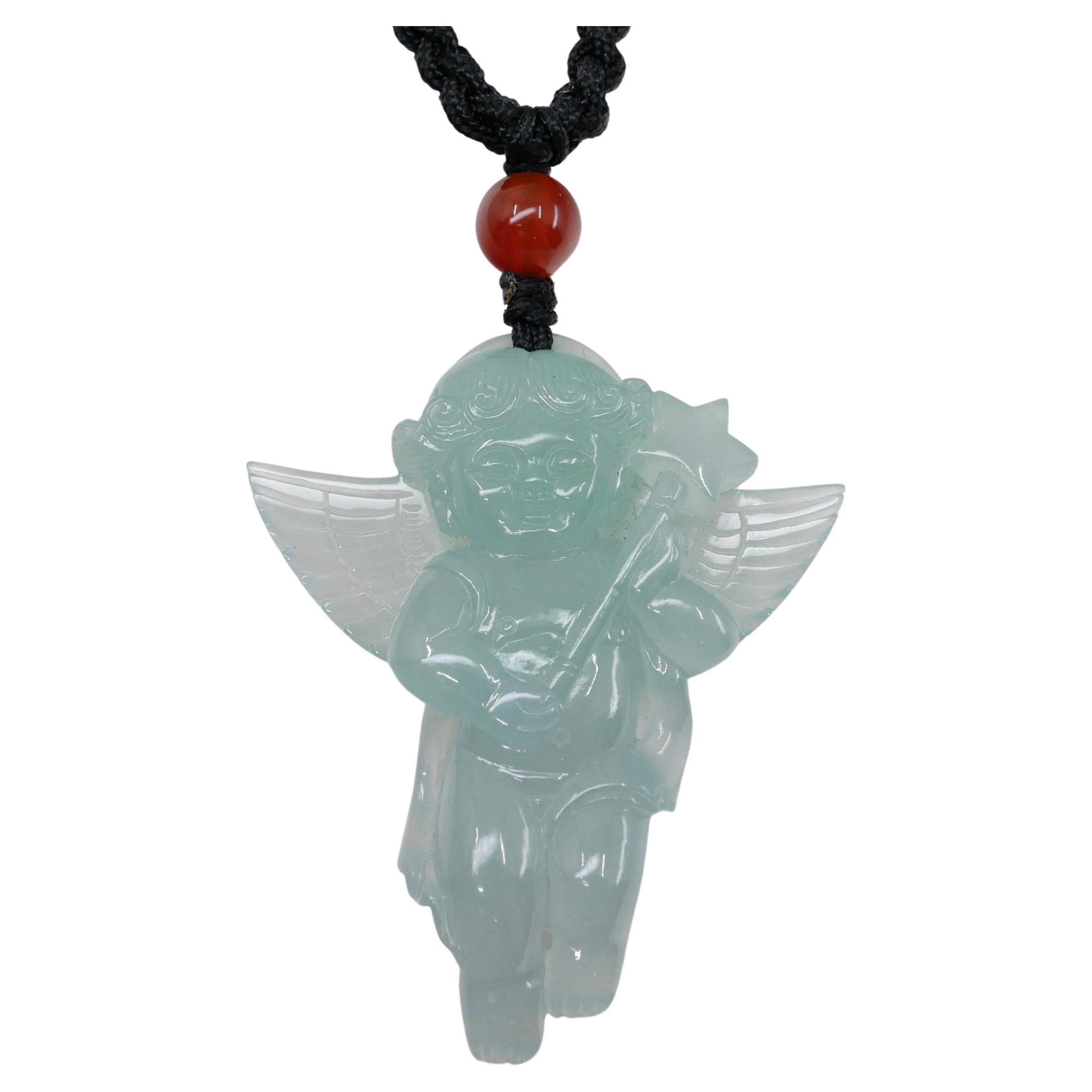 Certified 100 Carats Natural Icy Green Jade & Agate Angel Pendant Necklace, XXL For Sale 5