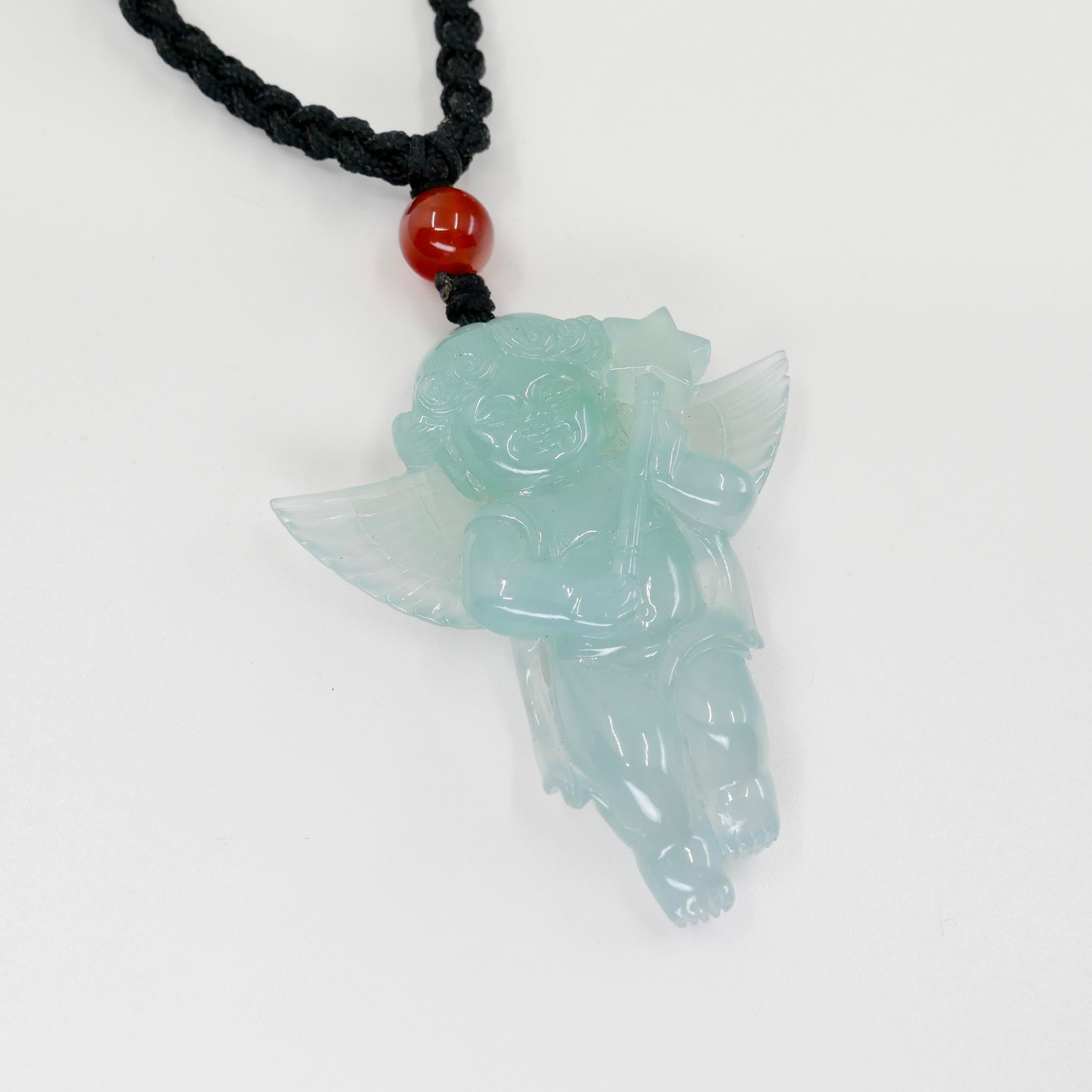 Certified 100 Carats Natural Icy Green Jade & Agate Angel Pendant Necklace, XXL For Sale 6