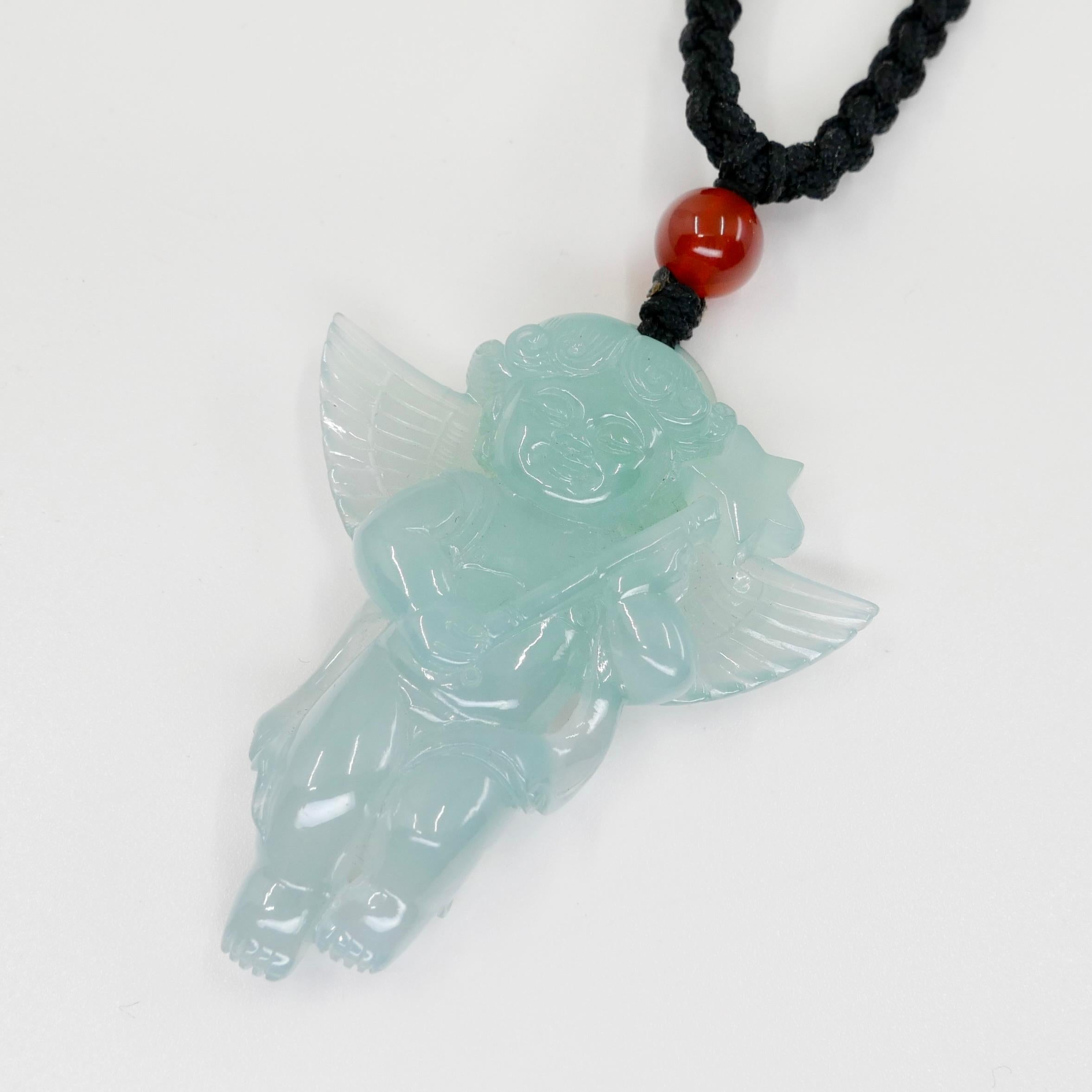 Certified 100 Carats Natural Icy Green Jade & Agate Angel Pendant Necklace, XXL For Sale 8