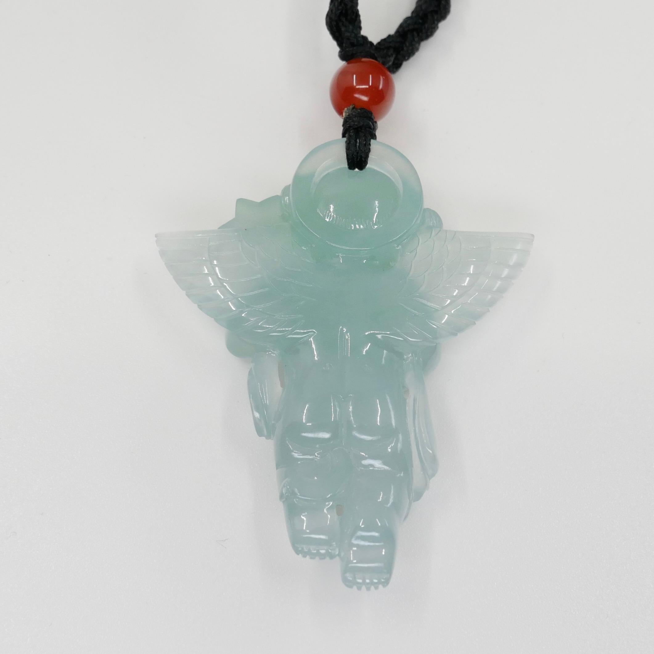 Certified 100 Carats Natural Icy Green Jade & Agate Angel Pendant Necklace, XXL For Sale 10