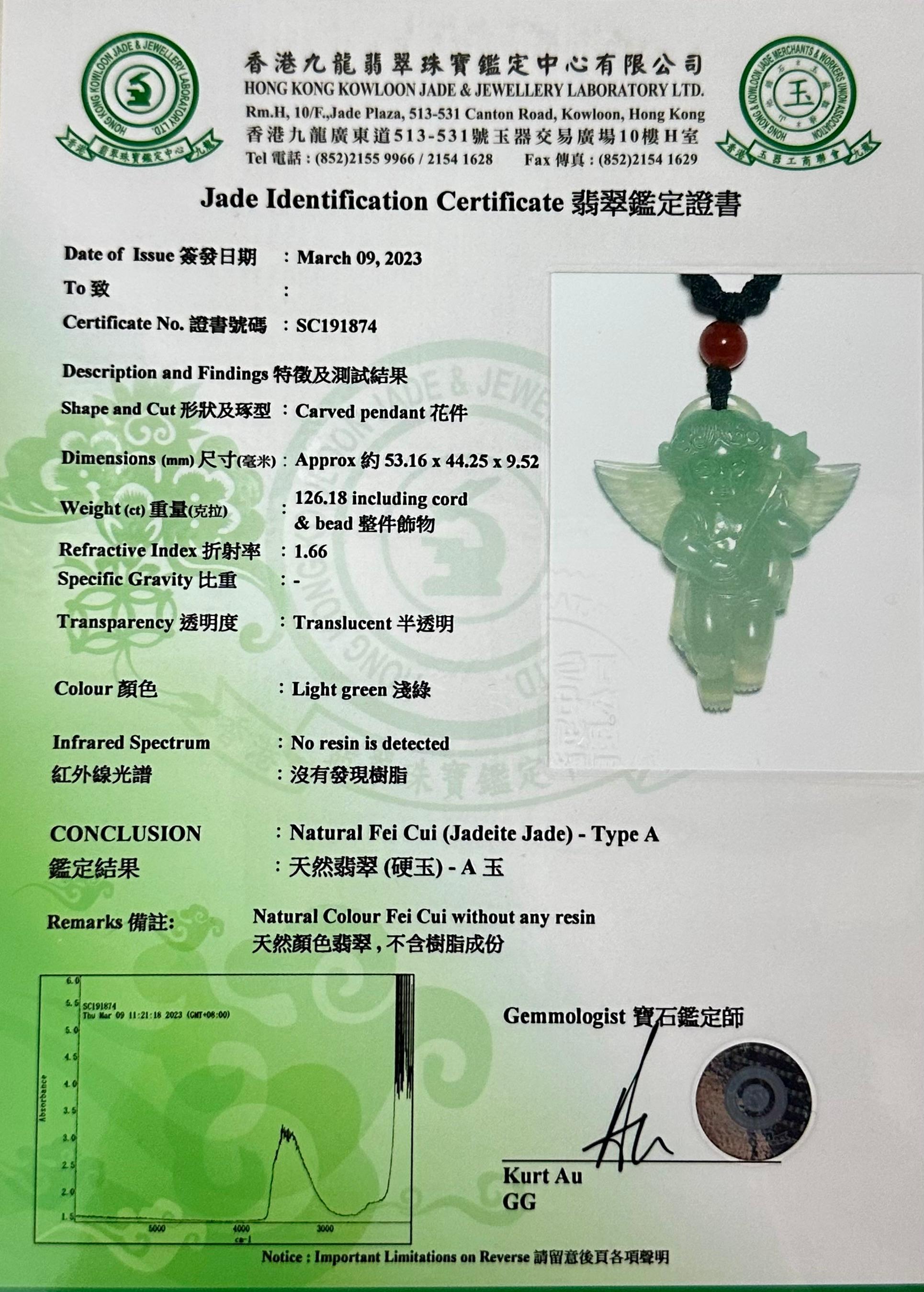 Certified 100 Carats Natural Icy Green Jade & Agate Angel Pendant Necklace, XXL For Sale 11