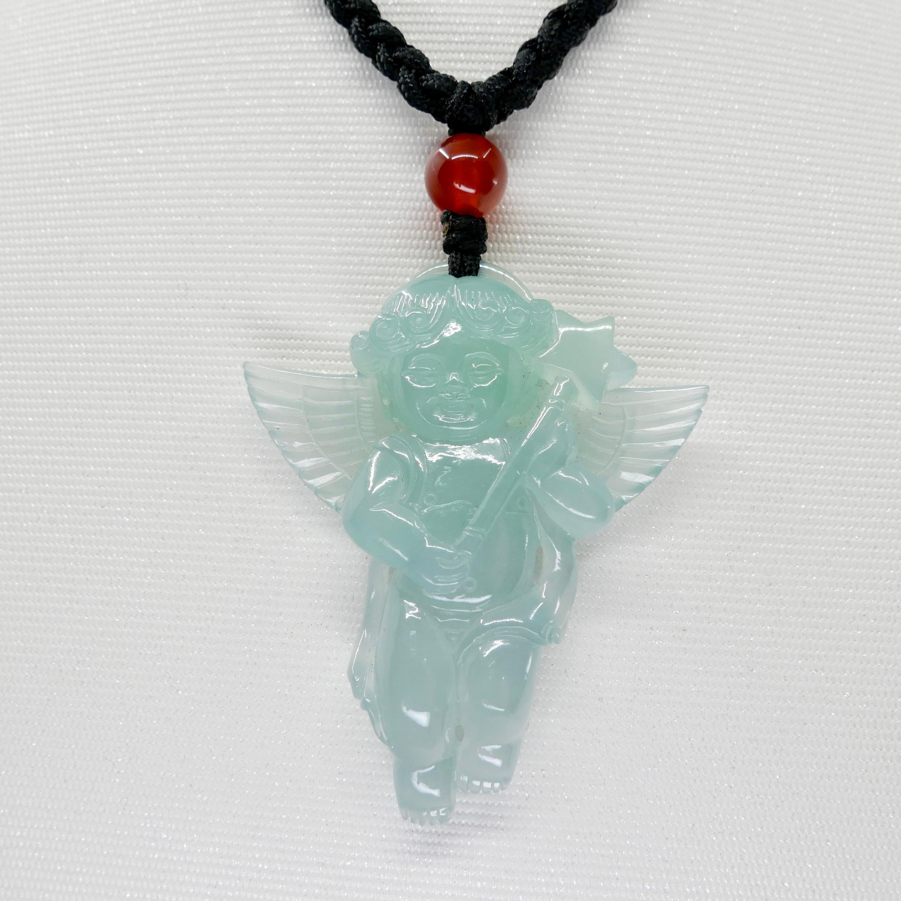 Rough Cut Certified 100 Carats Natural Icy Green Jade & Agate Angel Pendant Necklace, XXL For Sale