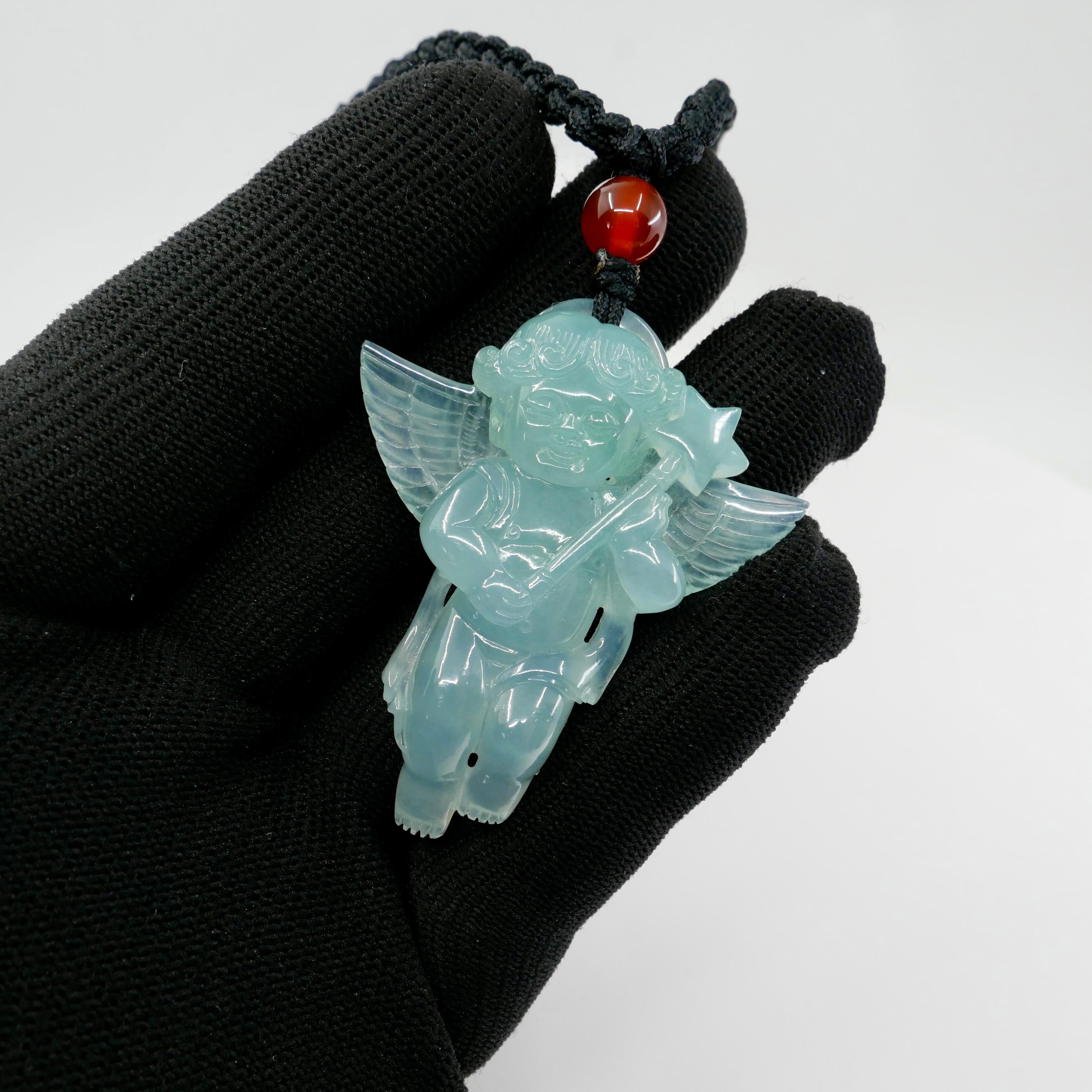 Certified 100 Carats Natural Icy Green Jade & Agate Angel Pendant Necklace, XXL In New Condition For Sale In Hong Kong, HK