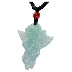 Certified 100 Carats Natural Icy Green Jade & Agate Angel Pendant Necklace, XXL