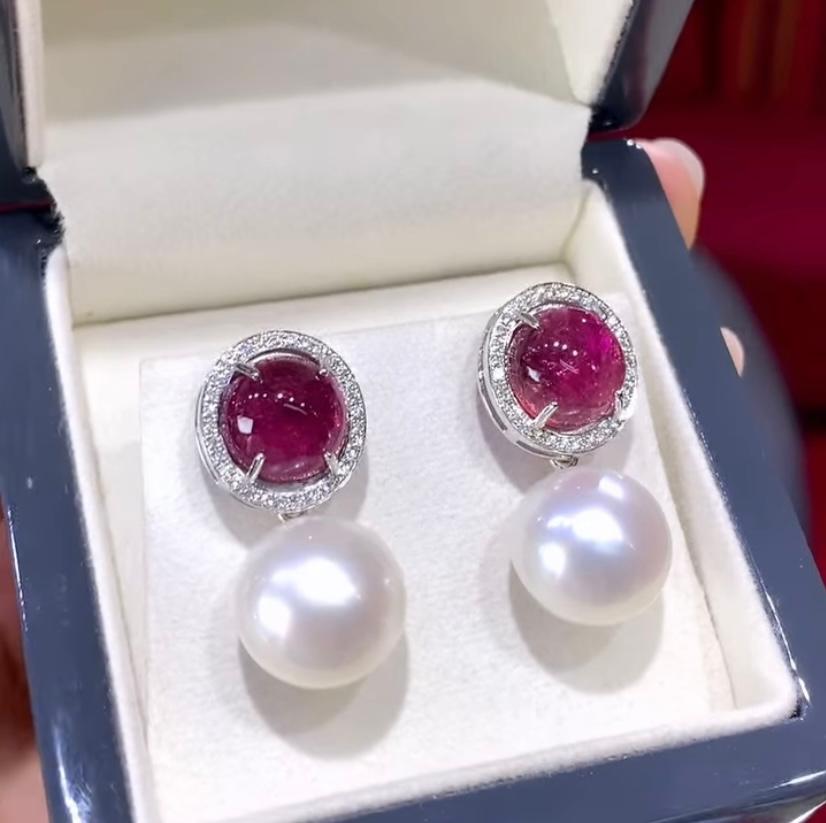 Taglio rotondo Certificato  10,00 Ct Tormalina  Orecchini con perle dei mari del sud e diamanti in vendita