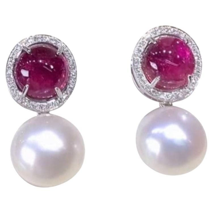 Certifié  10.00 Ct Tourmaline  Boucles d'oreilles perles de mer du Sud et diamants