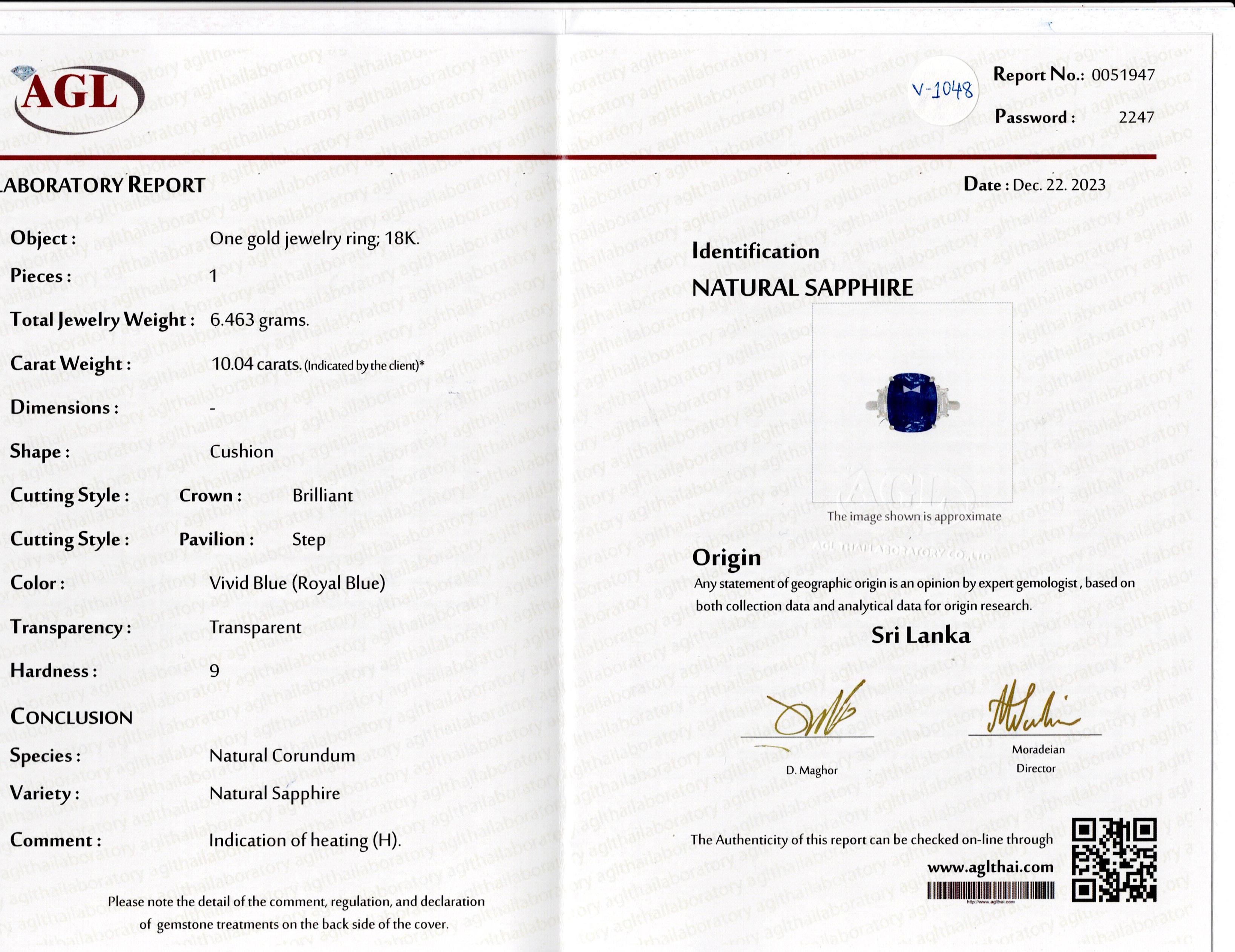 Anillo de compromiso certificado de tres piedras con zafiro azul y diamantes de 10,04 quilates en venta 8