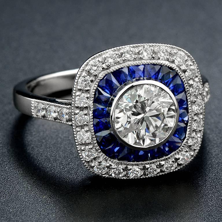 Art Deco Certified 1.01 Carat Diamond Blue Sapphire Engagement Ring