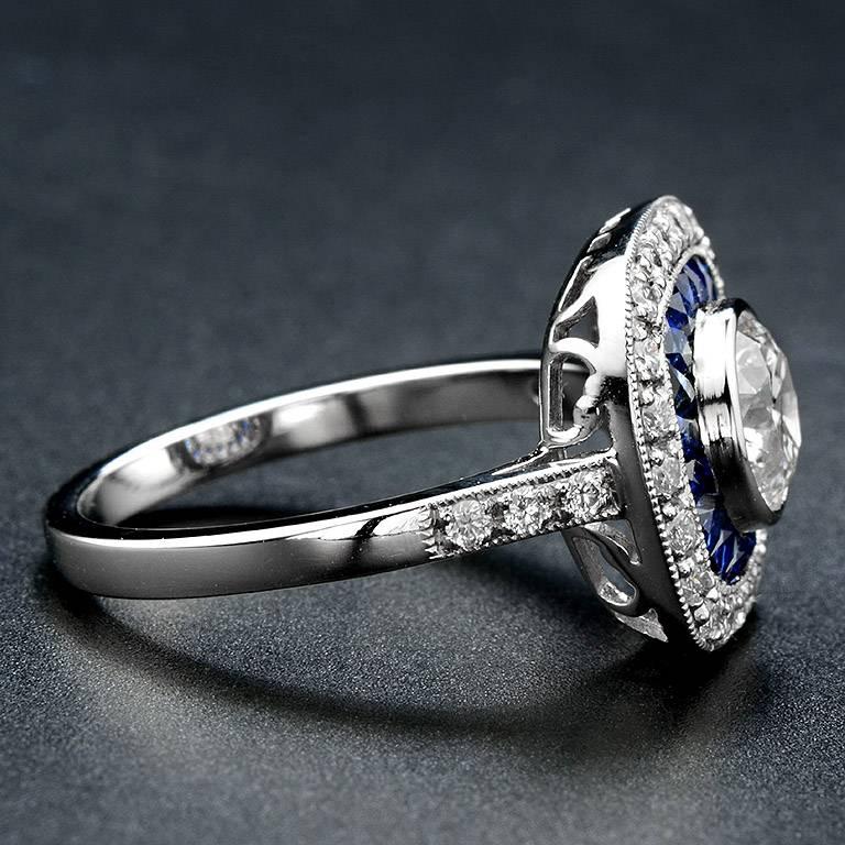 Round Cut Certified 1.01 Carat Diamond Blue Sapphire Engagement Ring