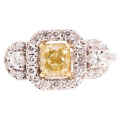 Certified 1.01 Carat Fancy Yellow Diamond Vintage Halo Cluster Engagement Ring