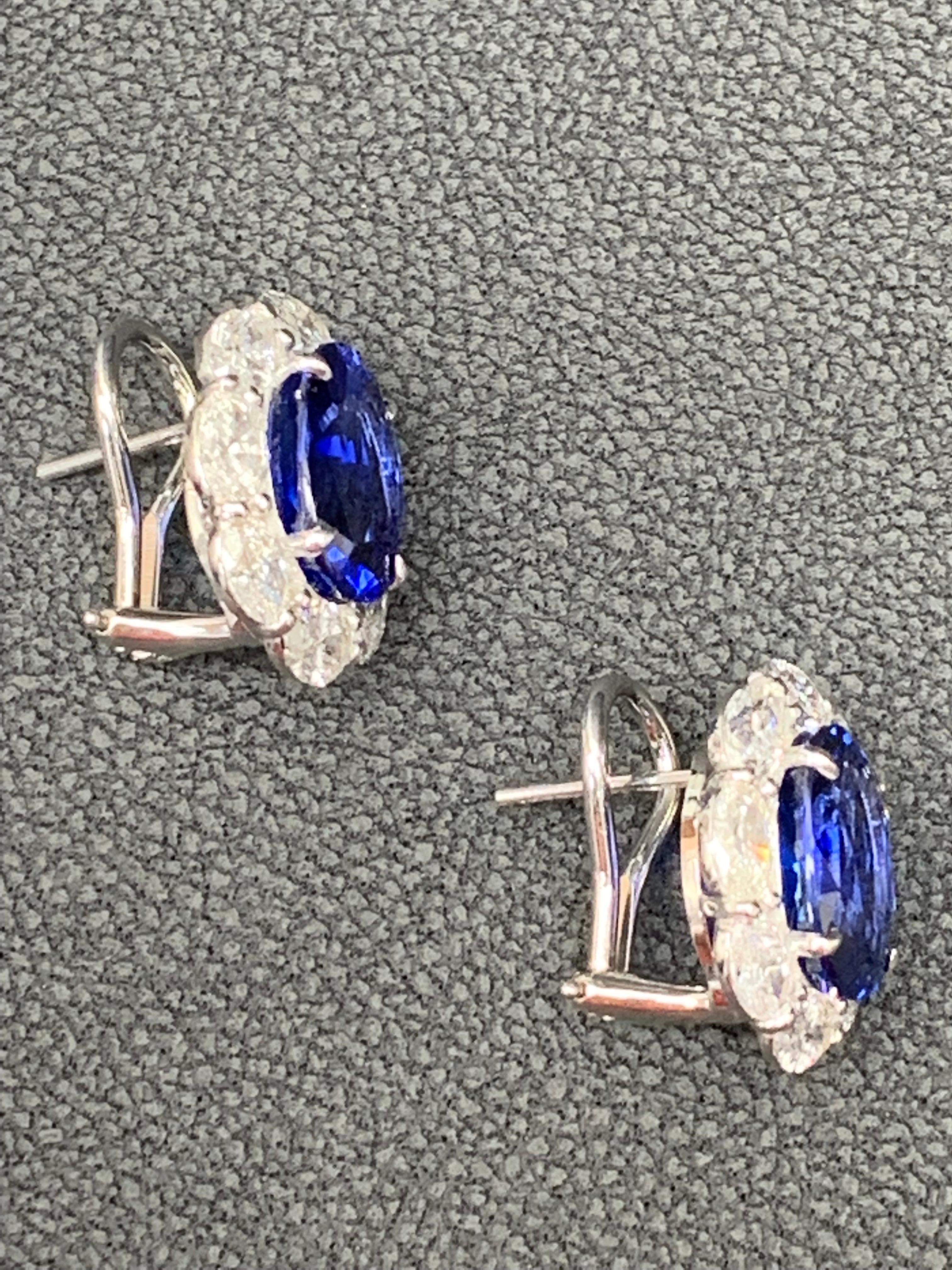Certified 10.11 Carat Oval Cut Blue Sapphire and Diamond Halo Earrings in 18K For Sale 4