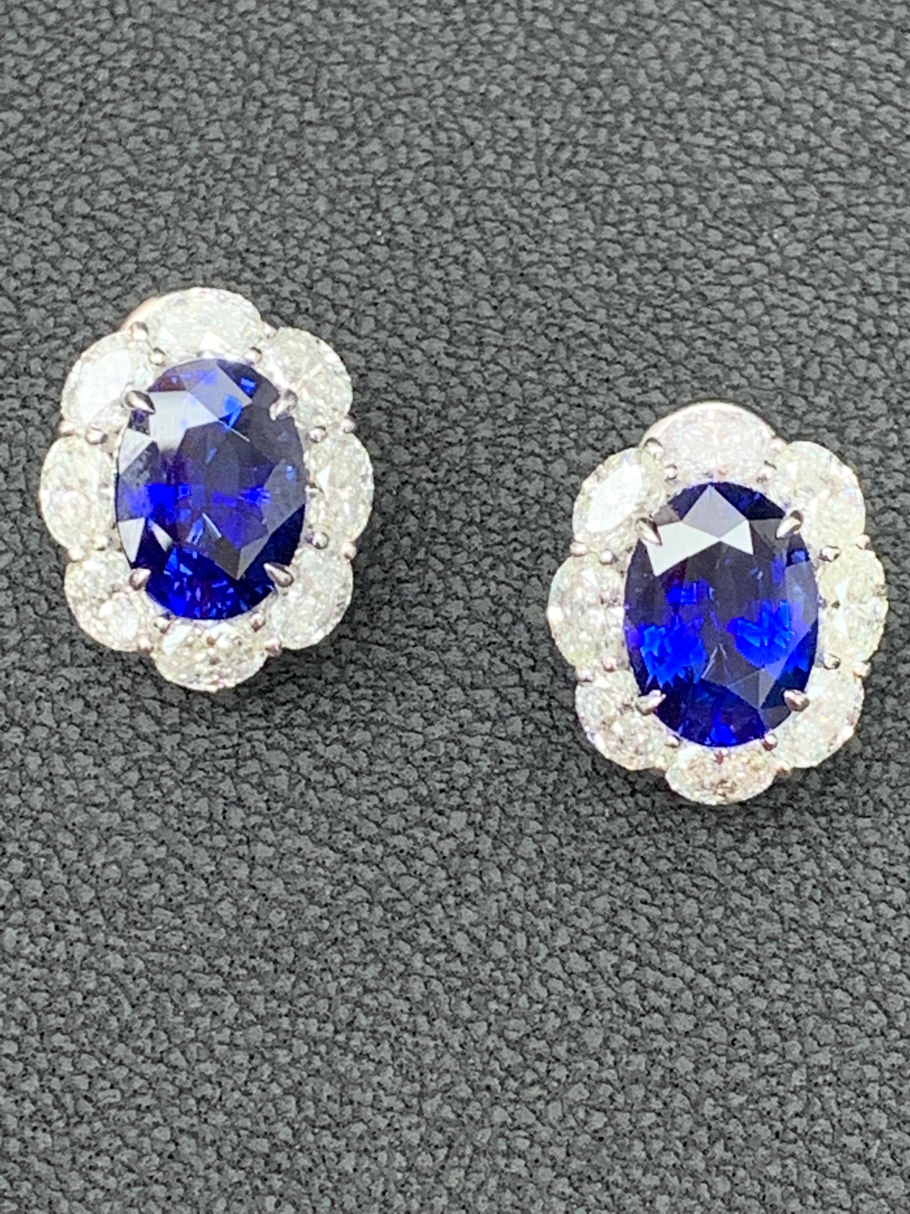 Certified 10.11 Carat Oval Cut Blue Sapphire and Diamond Halo Earrings in 18K For Sale 5