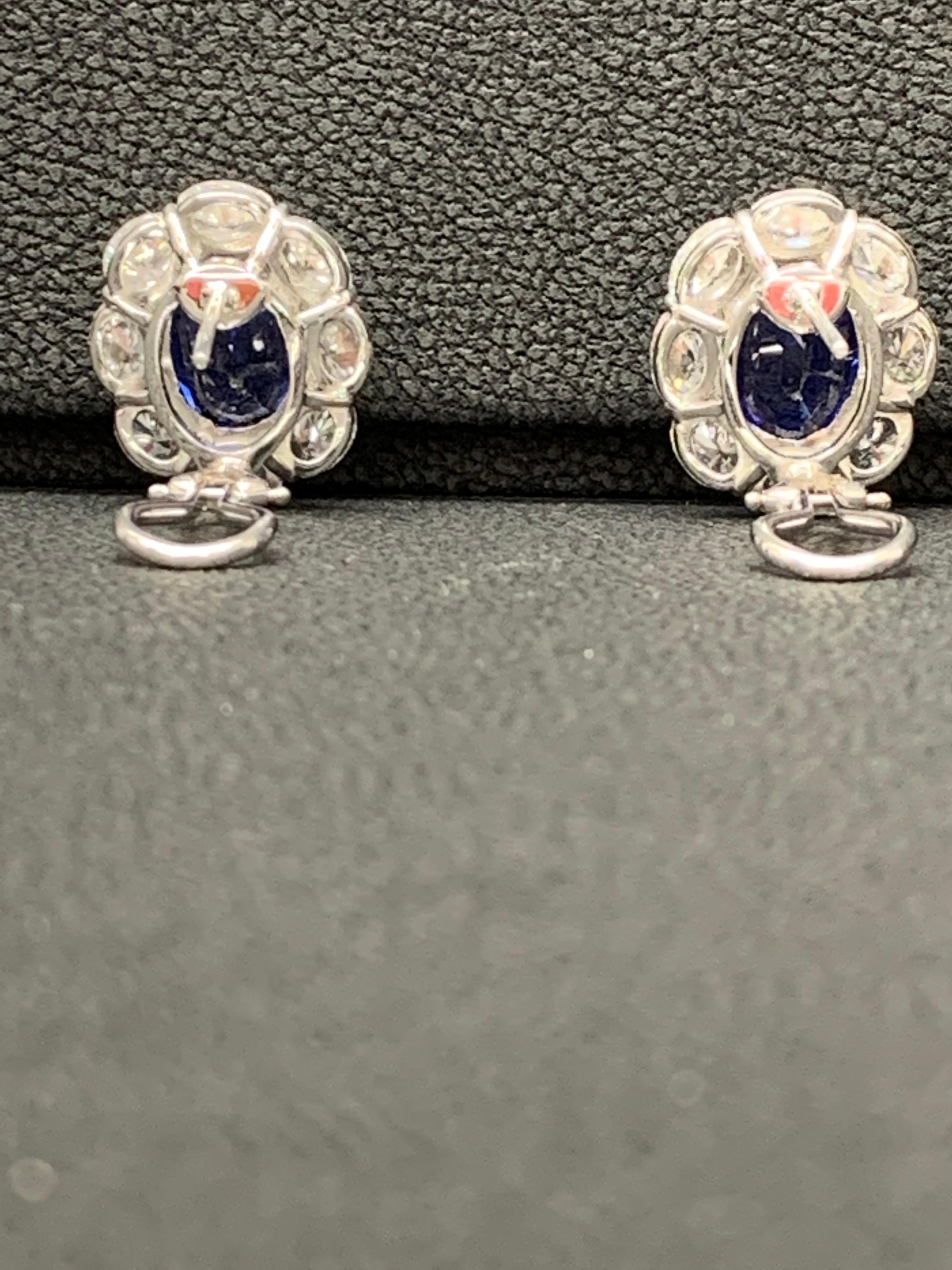 Certified 10.11 Carat Oval Cut Blue Sapphire and Diamond Halo Earrings in 18K For Sale 1