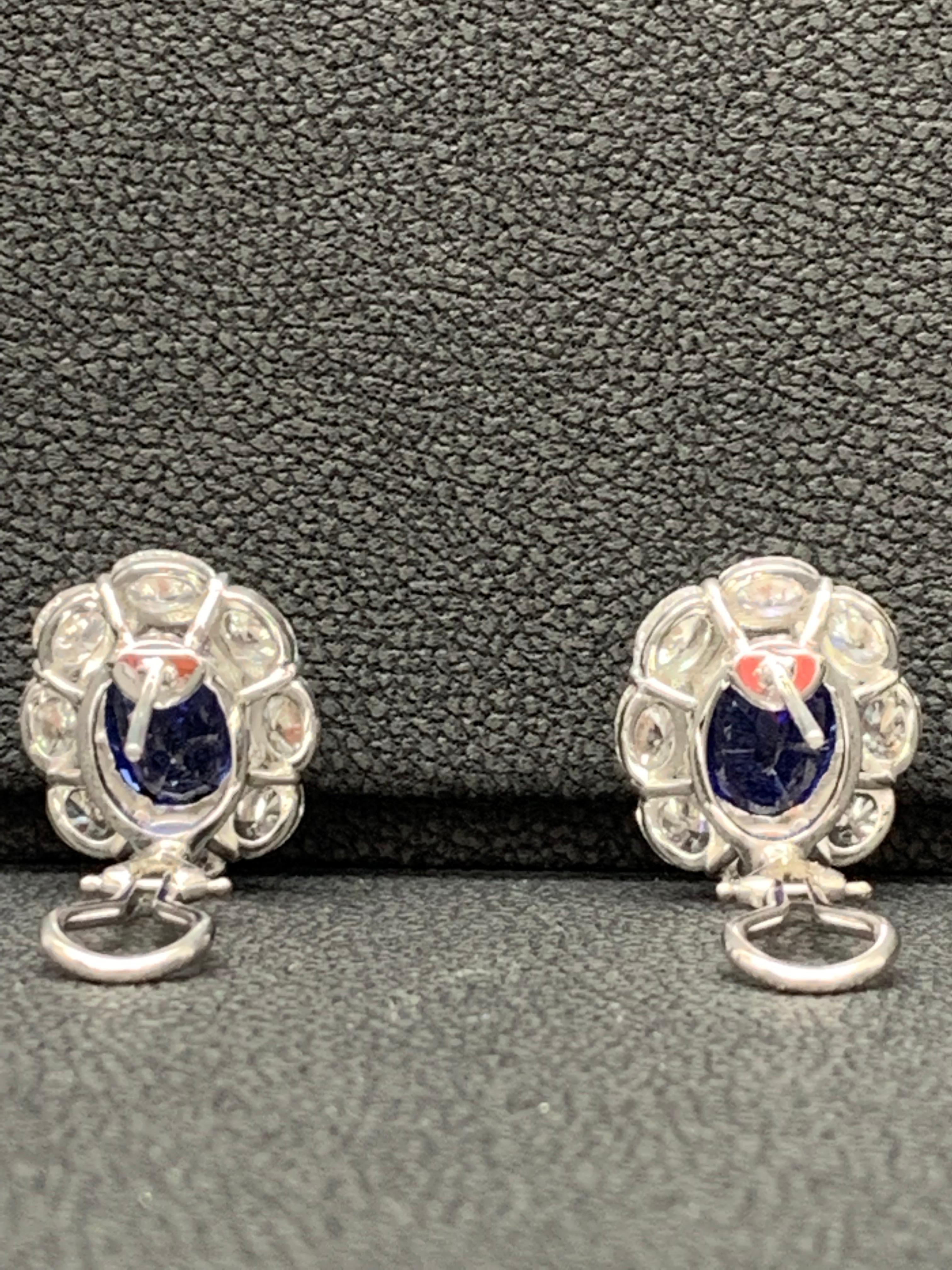 Certified 10.11 Carat Oval Cut Blue Sapphire and Diamond Halo Earrings in 18K For Sale 2