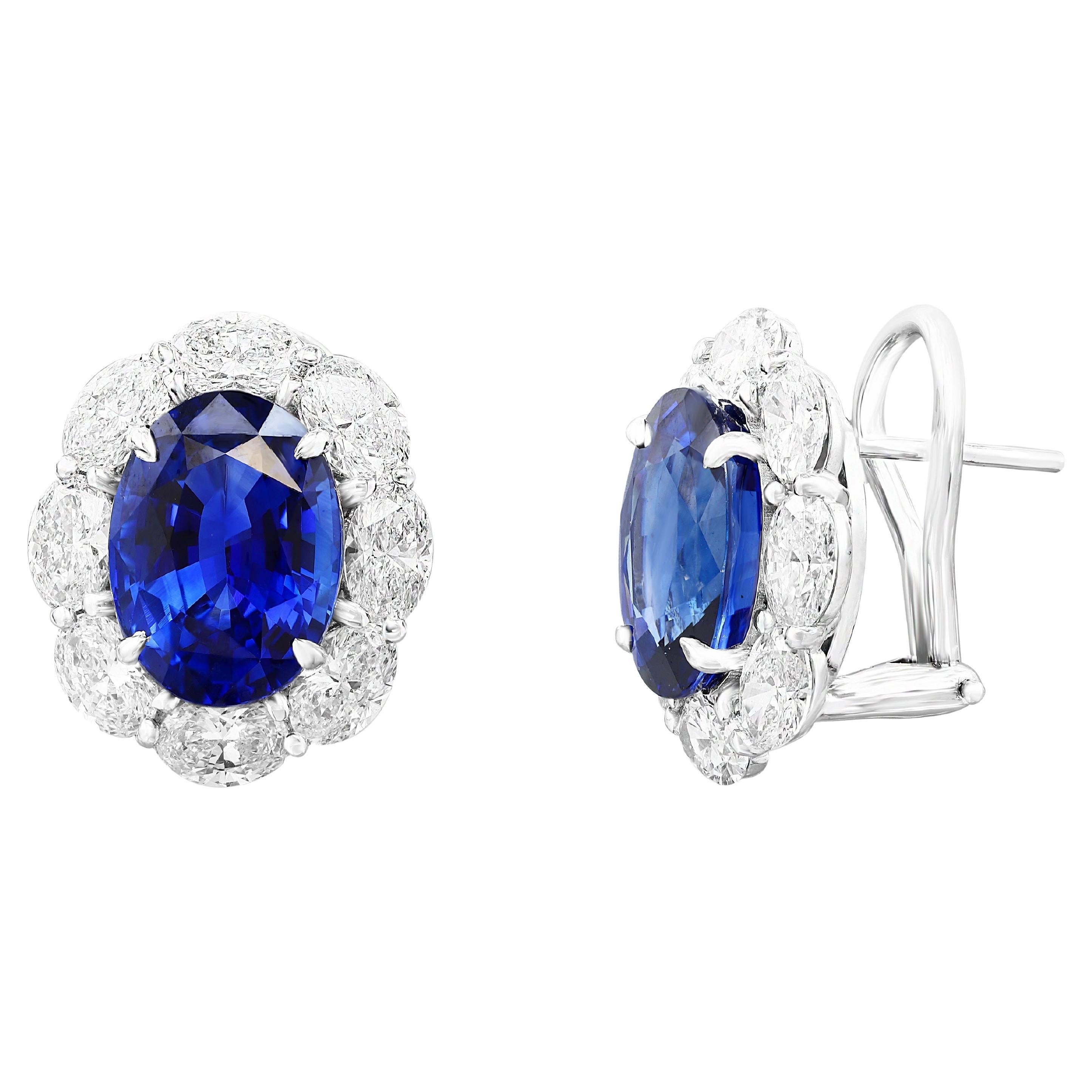 Certified 10.11 Carat Oval Cut Blue Sapphire and Diamond Halo Earrings in 18K For Sale