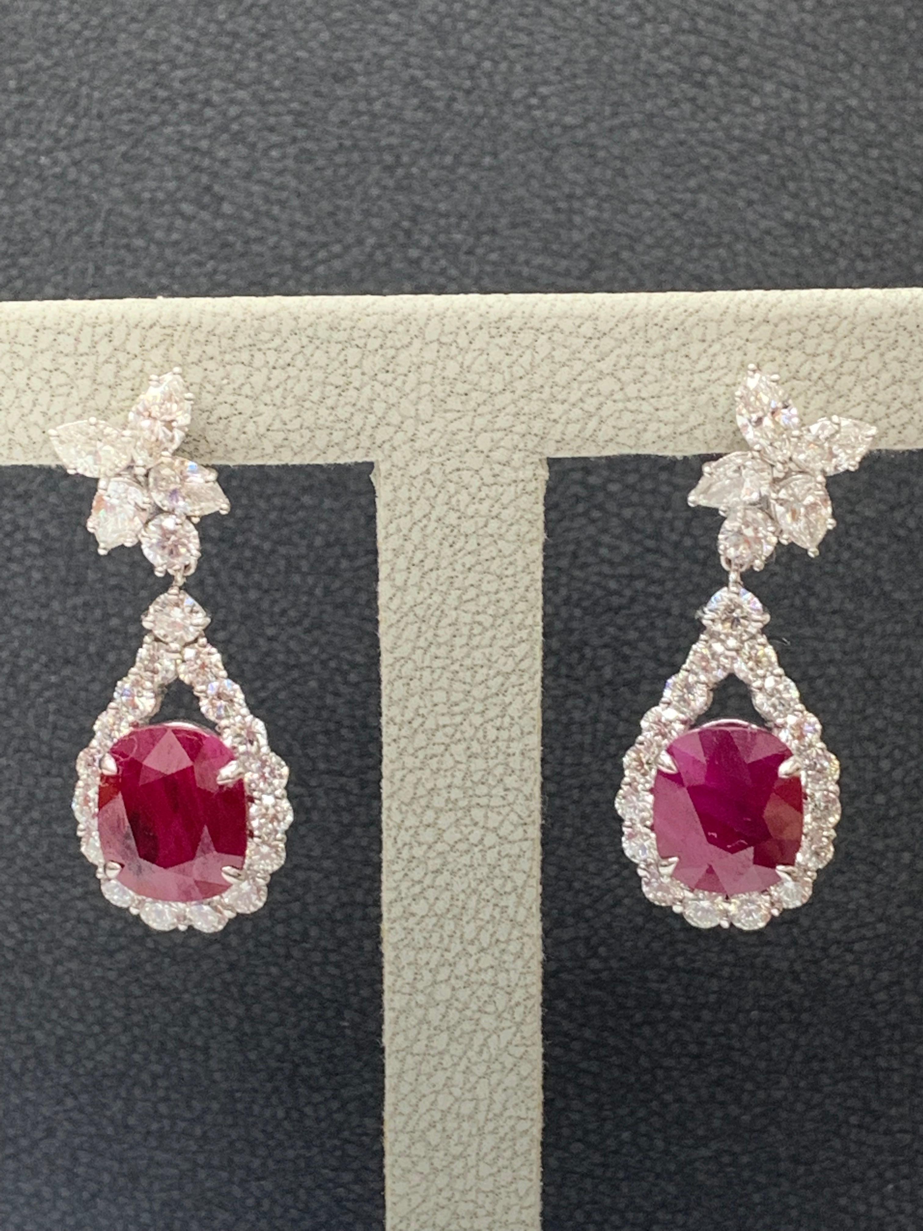Contemporary Certified 10.18 Carat Burma Ruby and Diamond Drop Earrings in 18K White Gold For Sale