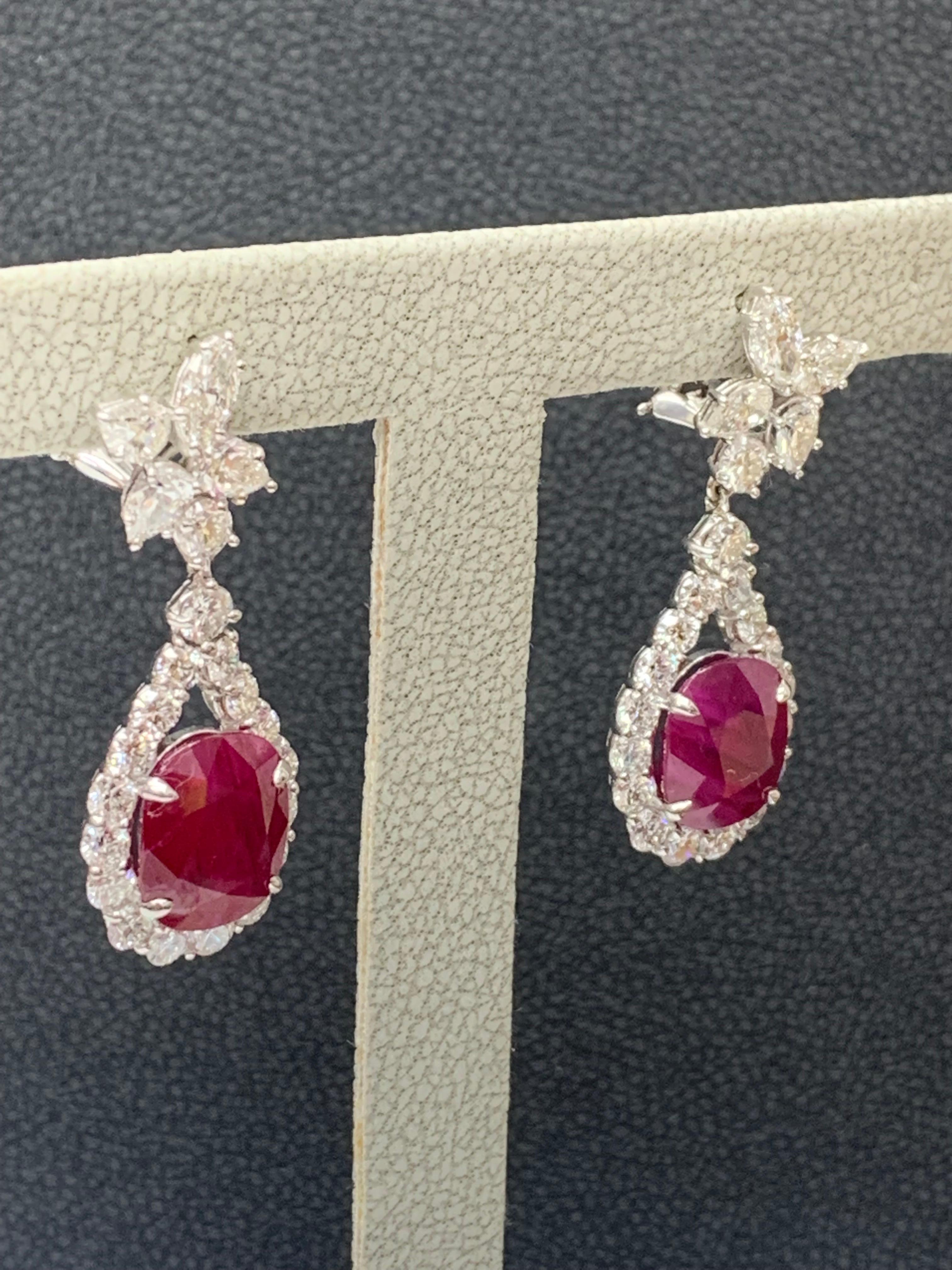 Cushion Cut Certified 10.18 Carat Burma Ruby and Diamond Drop Earrings in 18K White Gold For Sale