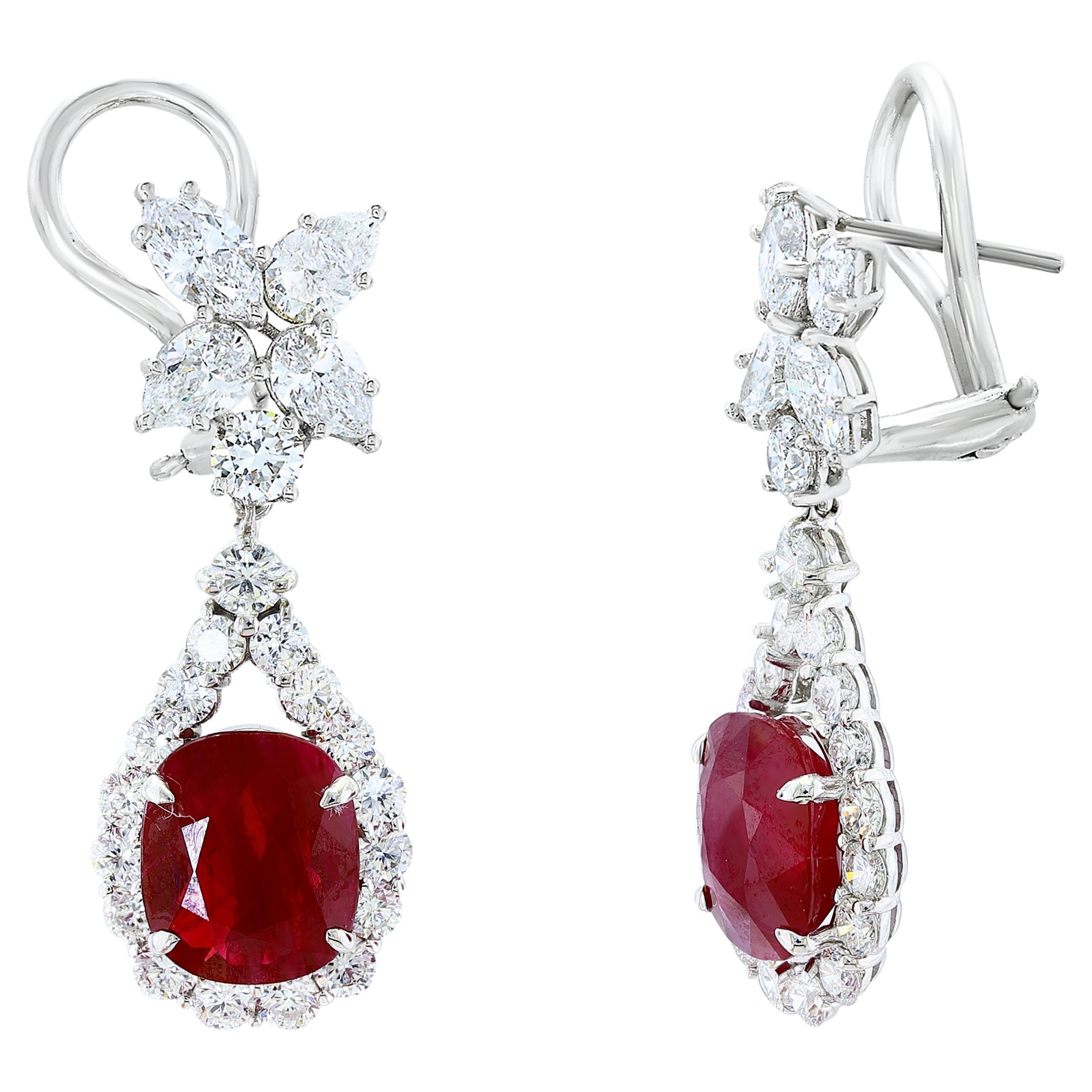 Certified 10.18 Carat Burma Ruby and Diamond Drop Earrings in 18K White Gold