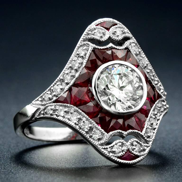 Art Deco Certified 1.02 Carat Diamond Ruby Platinum Cocktail Ring