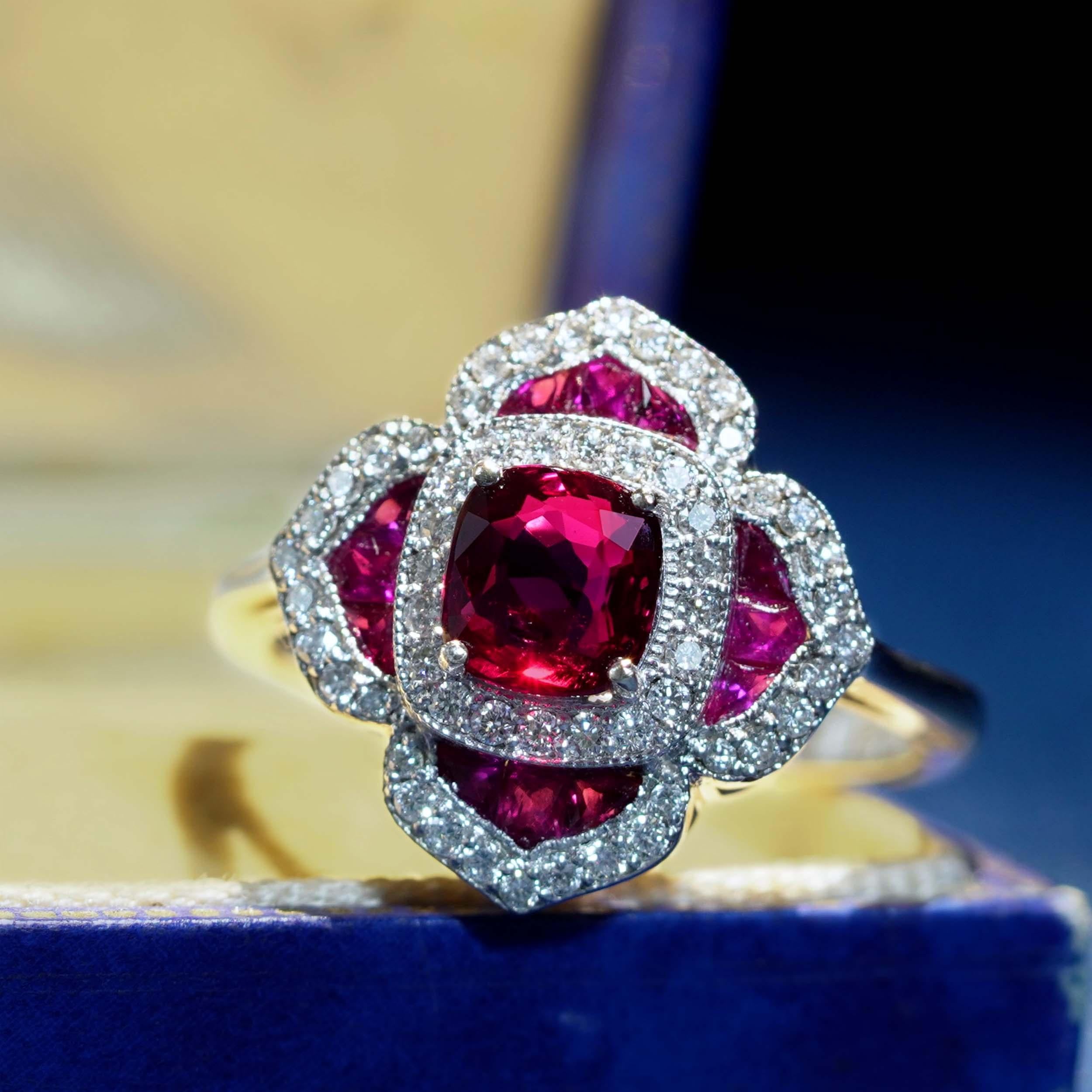 Zertifiziert 1,02 Karat. Rubin Diamant Art Deco Stil Blumen Verlobungsring 14K Gold (Art déco)