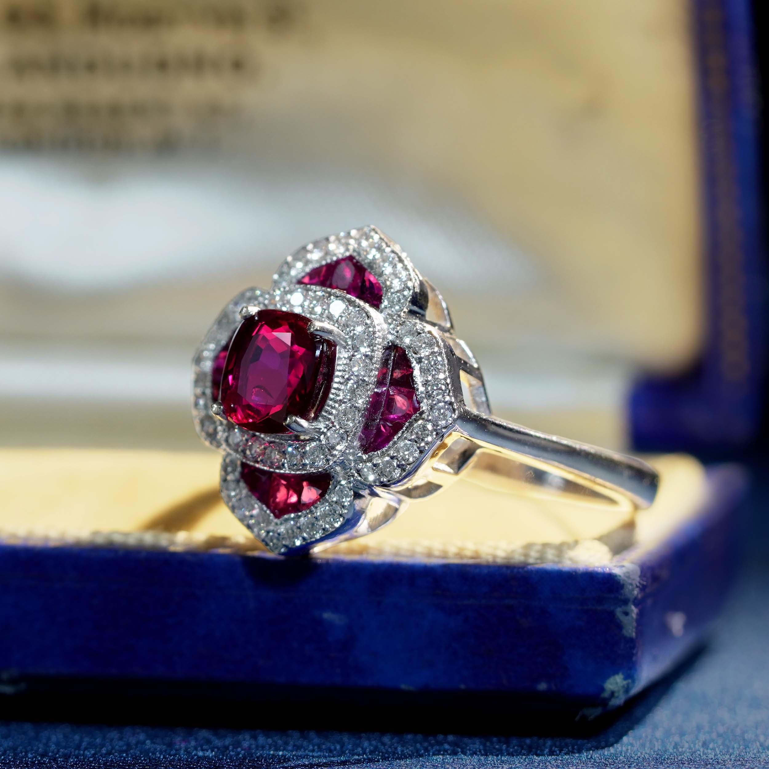 Zertifiziert 1,02 Karat. Rubin Diamant Art Deco Stil Blumen Verlobungsring 14K Gold im Zustand „Neu“ in Bangkok, TH