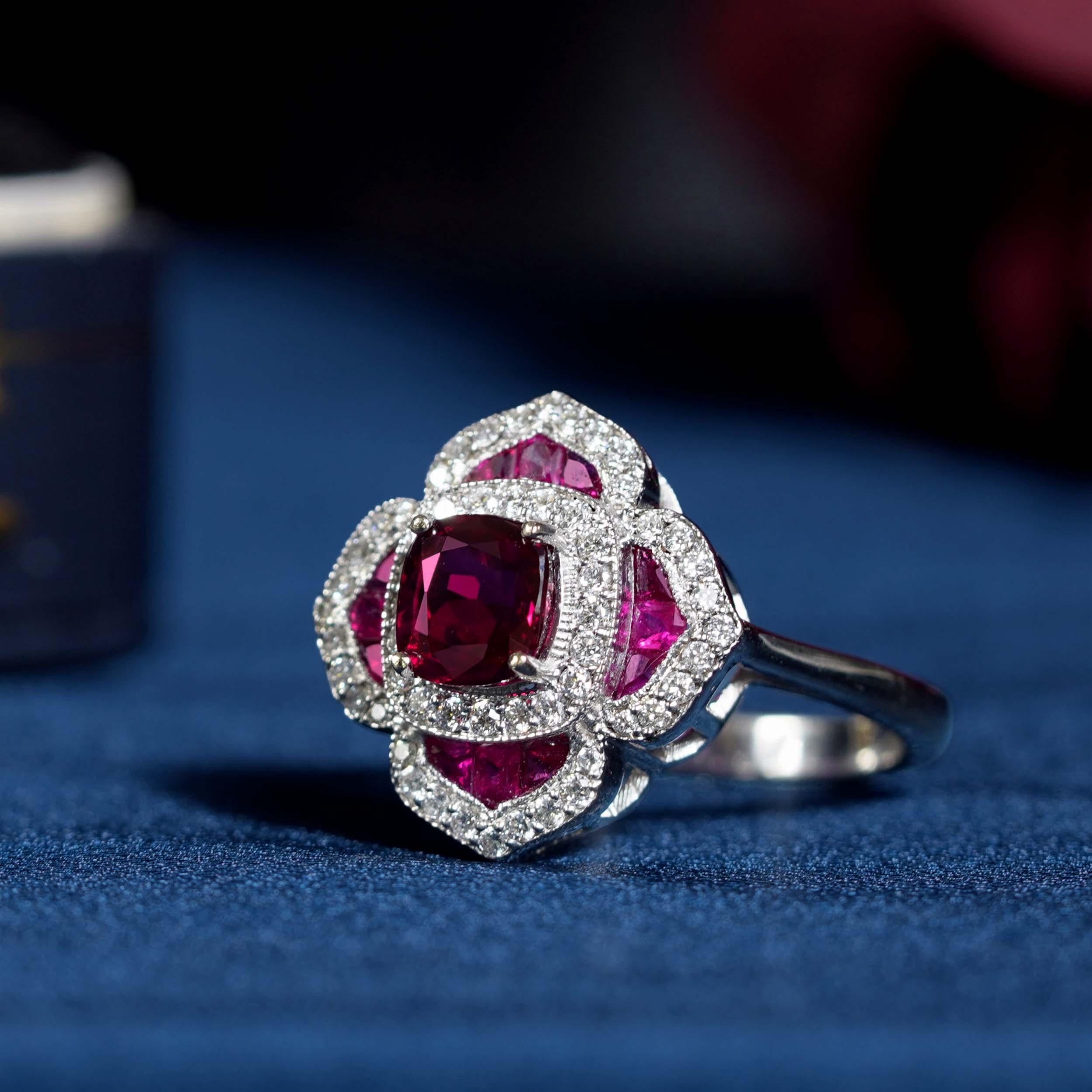 Zertifiziert 1,02 Karat. Rubin Diamant Art Deco Stil Blumen Verlobungsring 14K Gold Damen