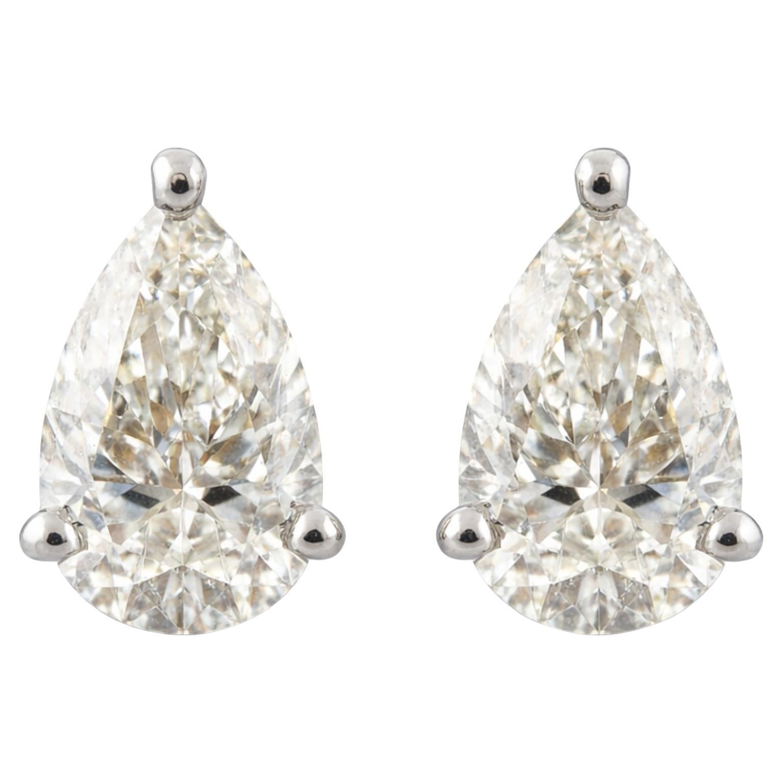 Natural Pear Cut Diamond Stud Earrings in 18K White Gold 1.02 Carats