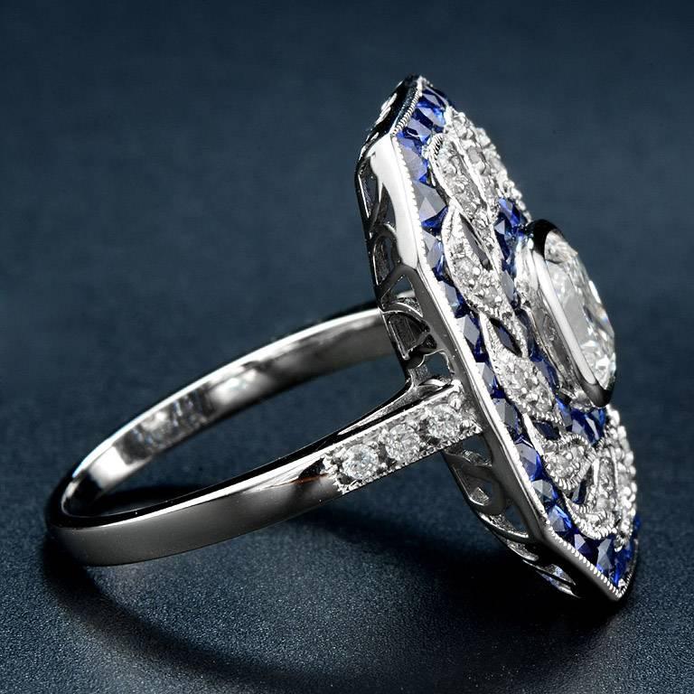 Art Deco GIA Certified 1.03 Carat Diamond Blue Sapphire Cocktail Ring