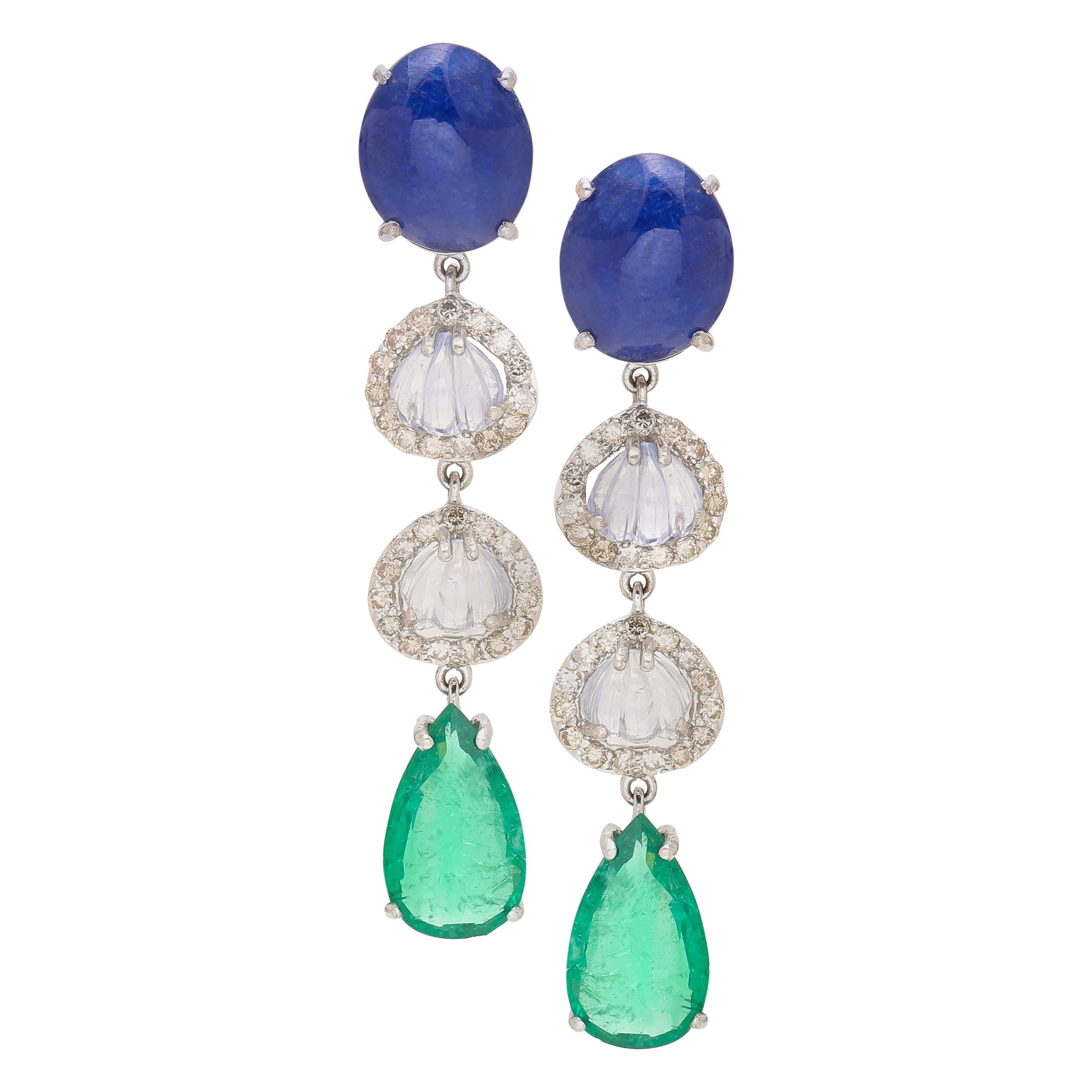 Certified 10.30 Carat Emerald Pear and Sapphire Cabochon Earring with Diamonds