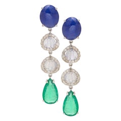 Certified 10.30 Carat Emerald Pear and Sapphire Cabochon Earring with Diamonds