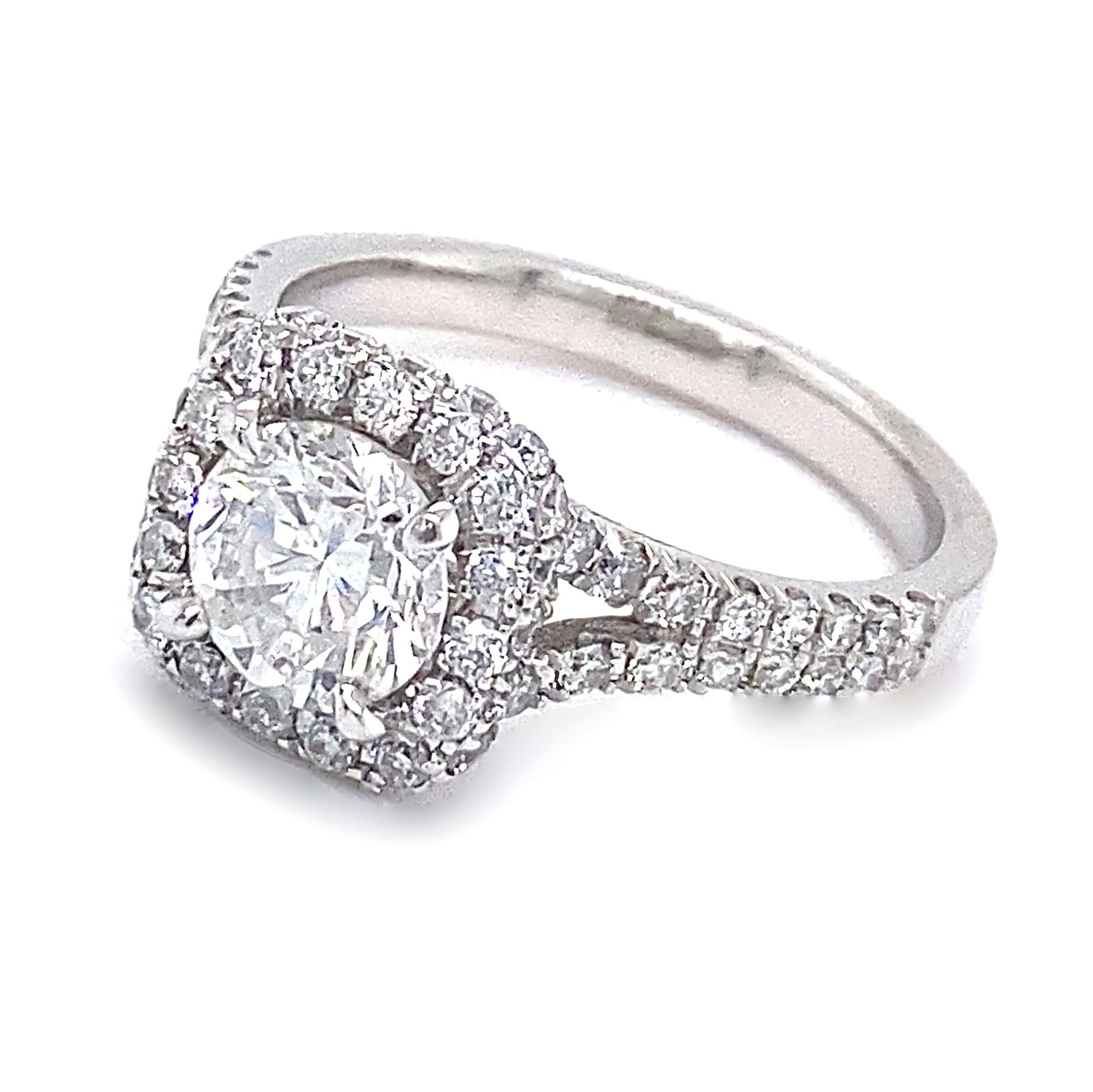 Certified 1.04 Carat Round Diamond in Square Halo Engagement Ring in Platinum For Sale