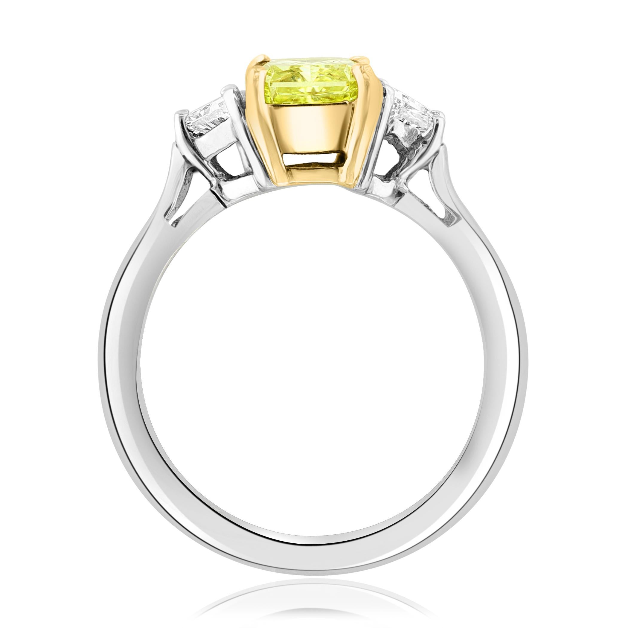 Certified 1.06 Carat Emerald Cut Yellow Diamond Three-Stone Engagement Ring In New Condition For Sale In NEW YORK, NY