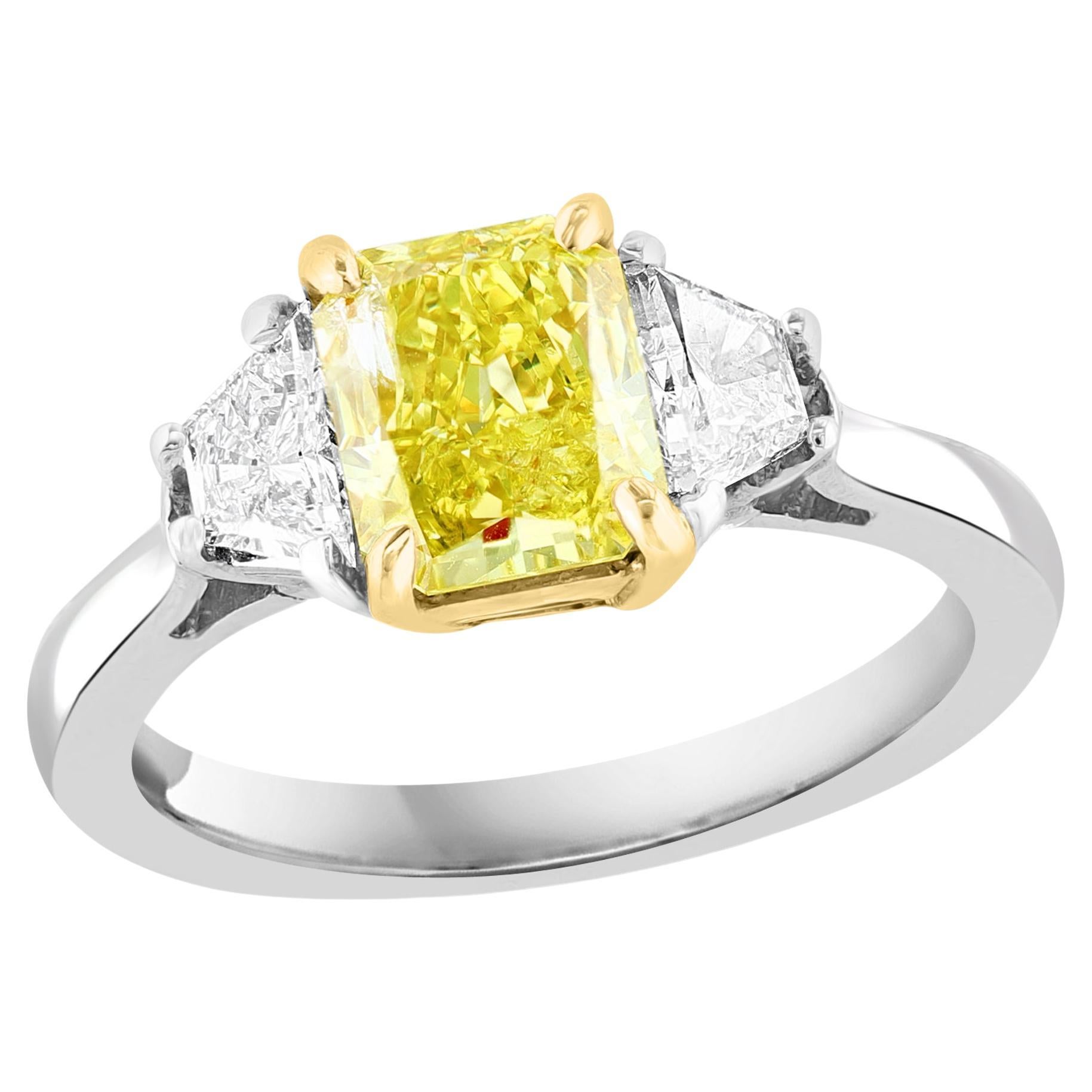 Certified 1.06 Carat Emerald Cut Yellow Diamond Three-Stone Engagement Ring For Sale