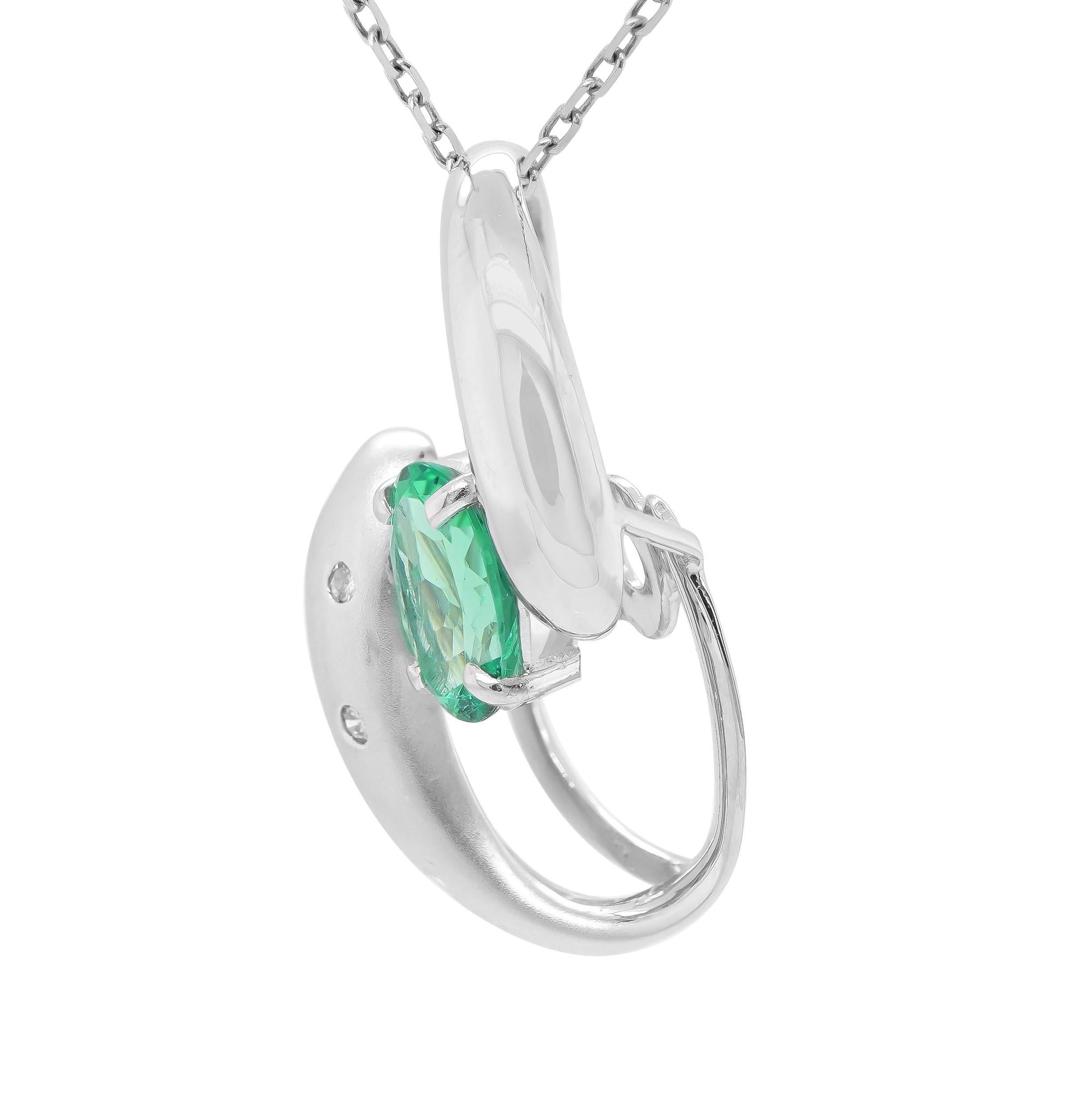 White platinum pendant with a CGL lab-certified, octagonal emerald stone clasped in the center.

Emerald is a highly coveted stone, belonging to the beryl group. These green-hued gemstones are formed due to the chemical combination of beryl and