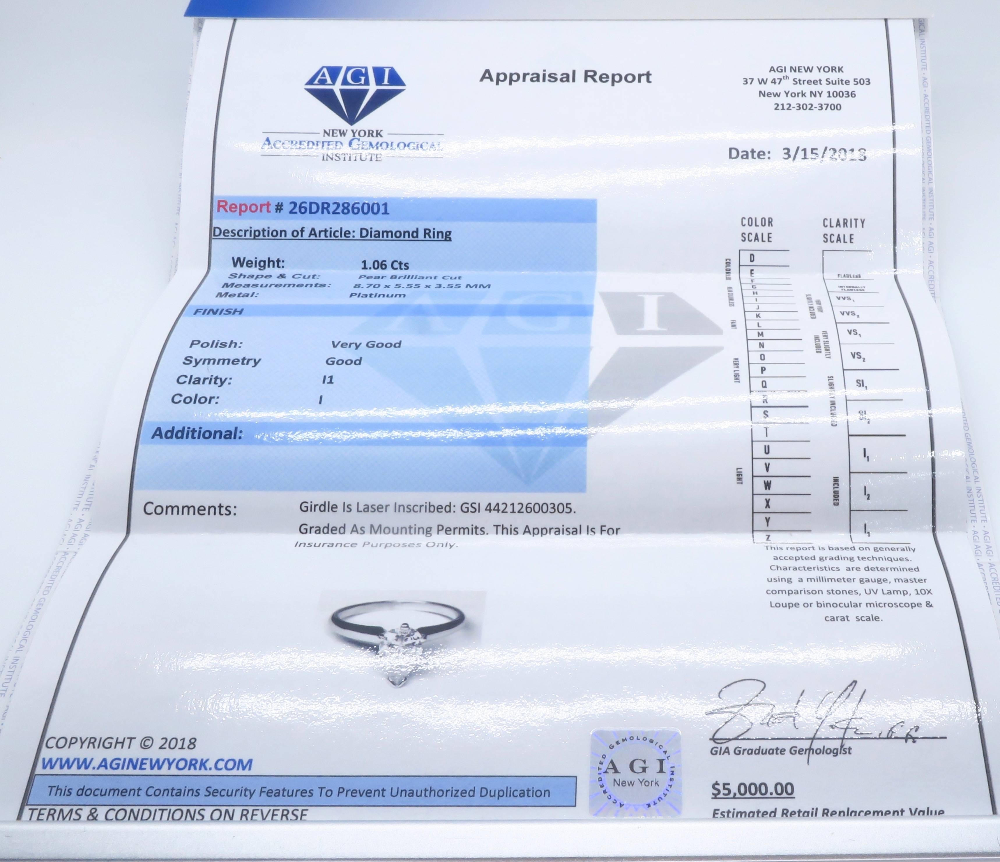 Certified 1.06 Carat Pear Shape Diamond Platinum Engagement Ring 8