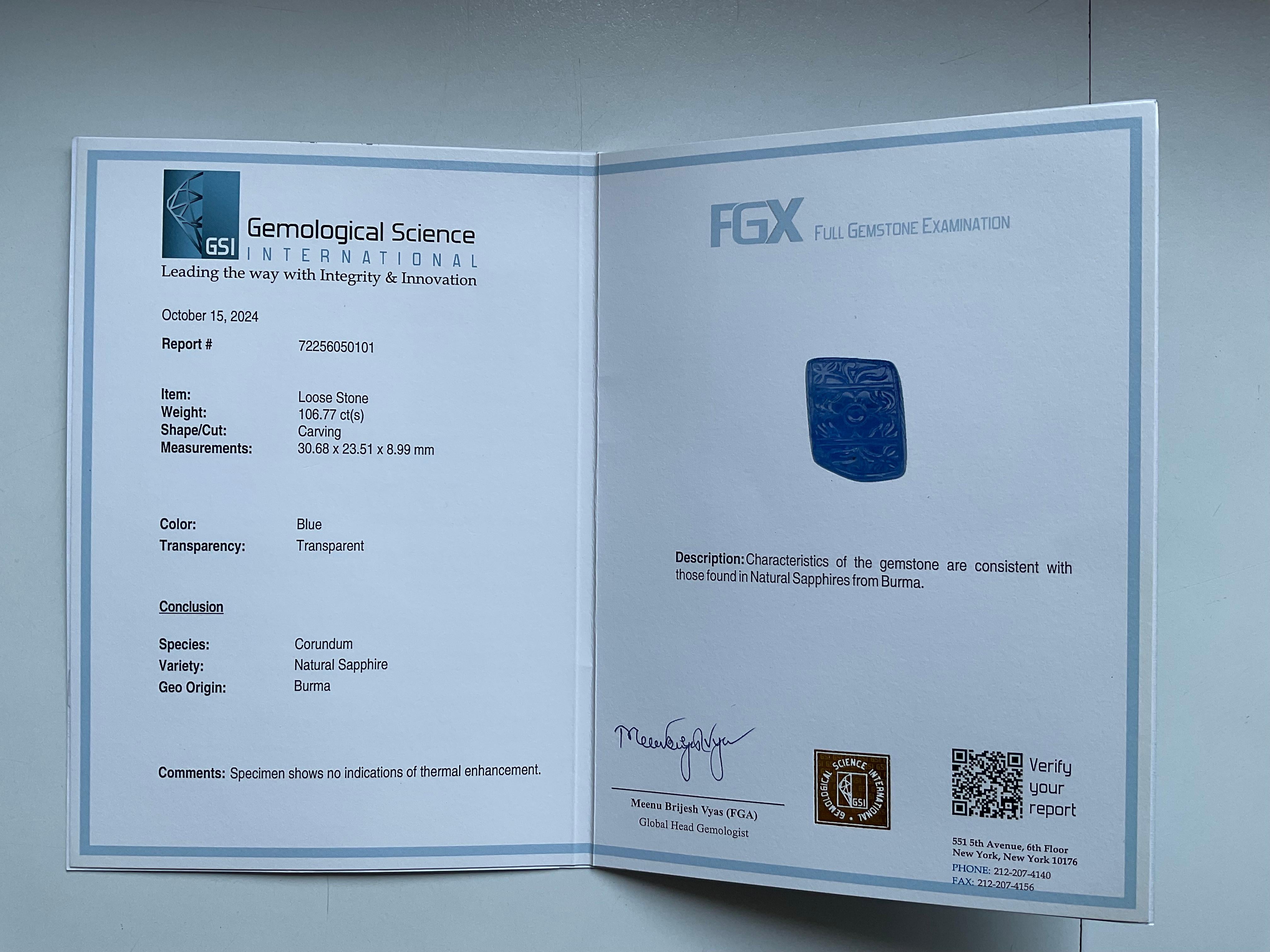 Certified 106.77 cts Burmese No heat Blue Sapphire Carved Specimen Natural gem For Sale 4