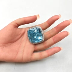 Certified 107.23 Carat Aquamarine Round Diamond White Gold Ring