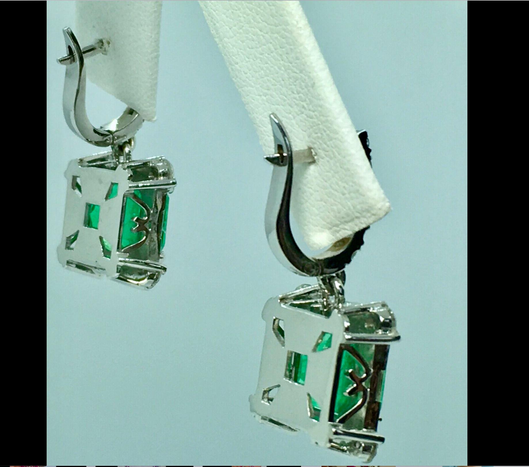 Certified 10.77 Carat Square Colombian Emerald Diamond Earrings 18 Karat For Sale 6