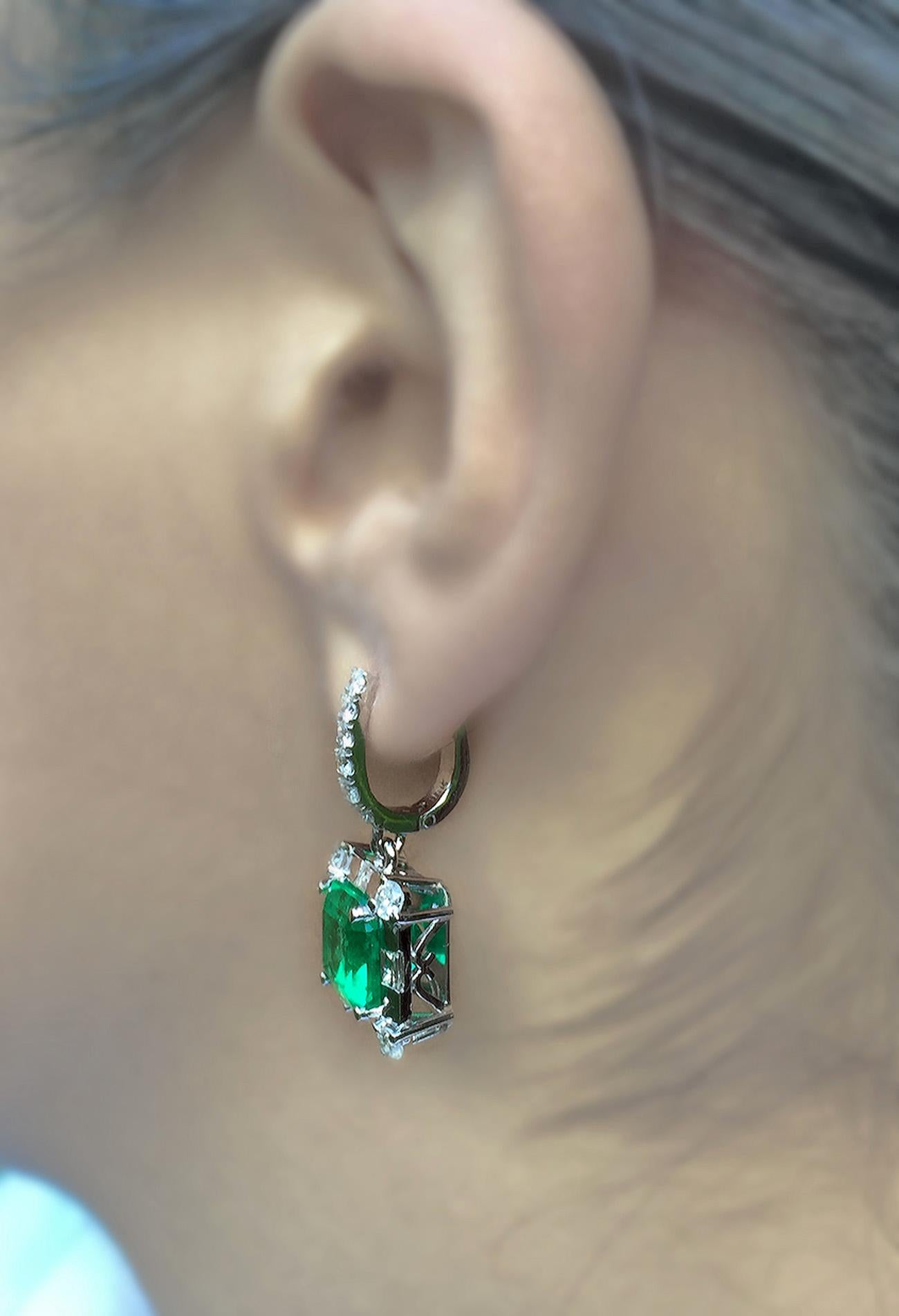 Emerald Cut Certified 10.77 Carat Square Colombian Emerald Diamond Earrings 18 Karat For Sale