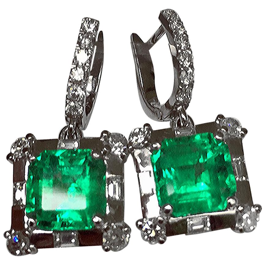 Certified 10.77 Carat Square Colombian Emerald Diamond Earrings 18 Karat For Sale