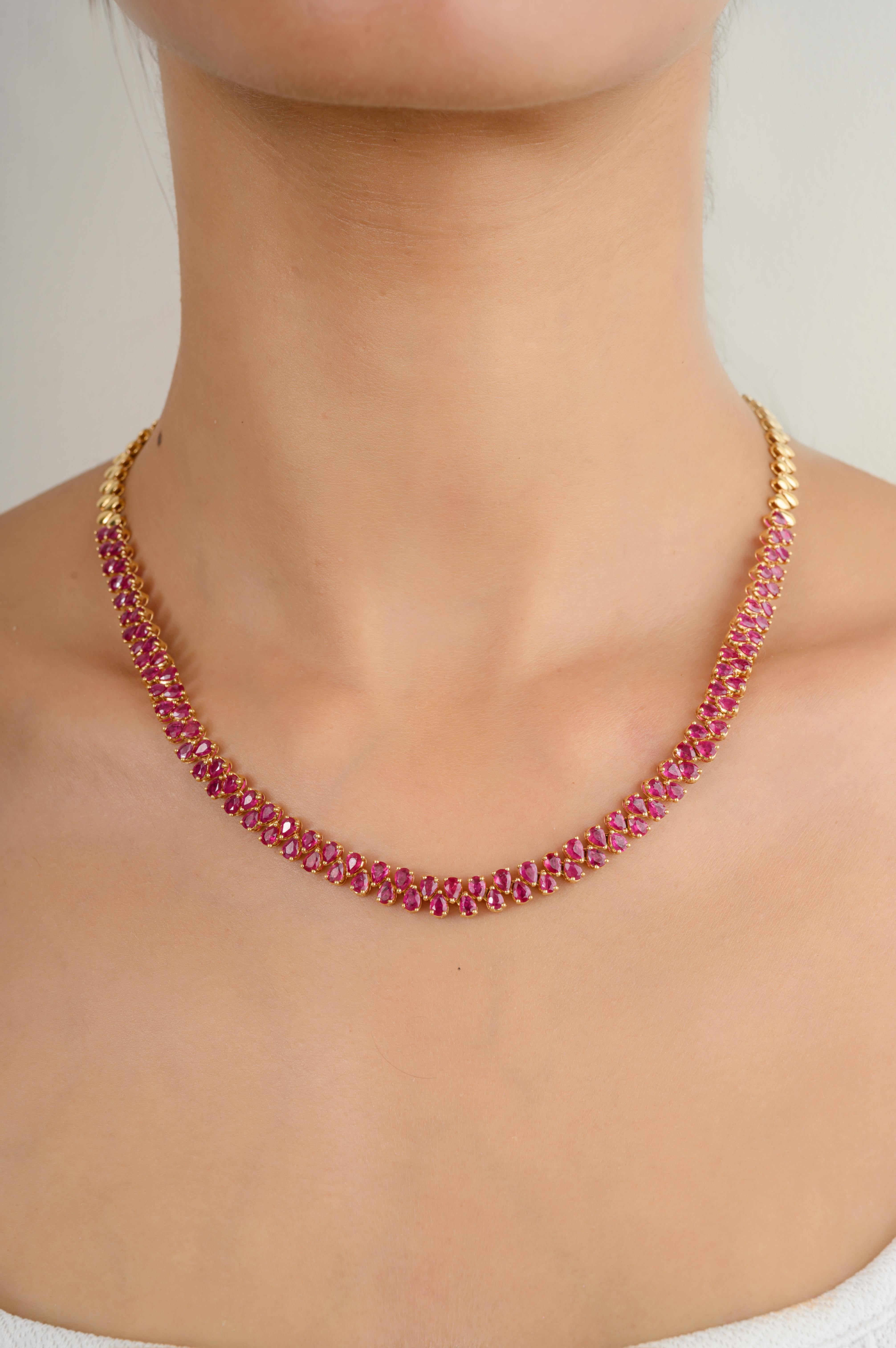 Certified 10.86 Carat Ruby Choker Necklace for Wedding in 18K Gold studded with pear cut ruby. This stunning piece of jewelry instantly elevates a casual look or dressy outfit. 
Ruby improves mental strength.
Designed with a pear cut ruby set in