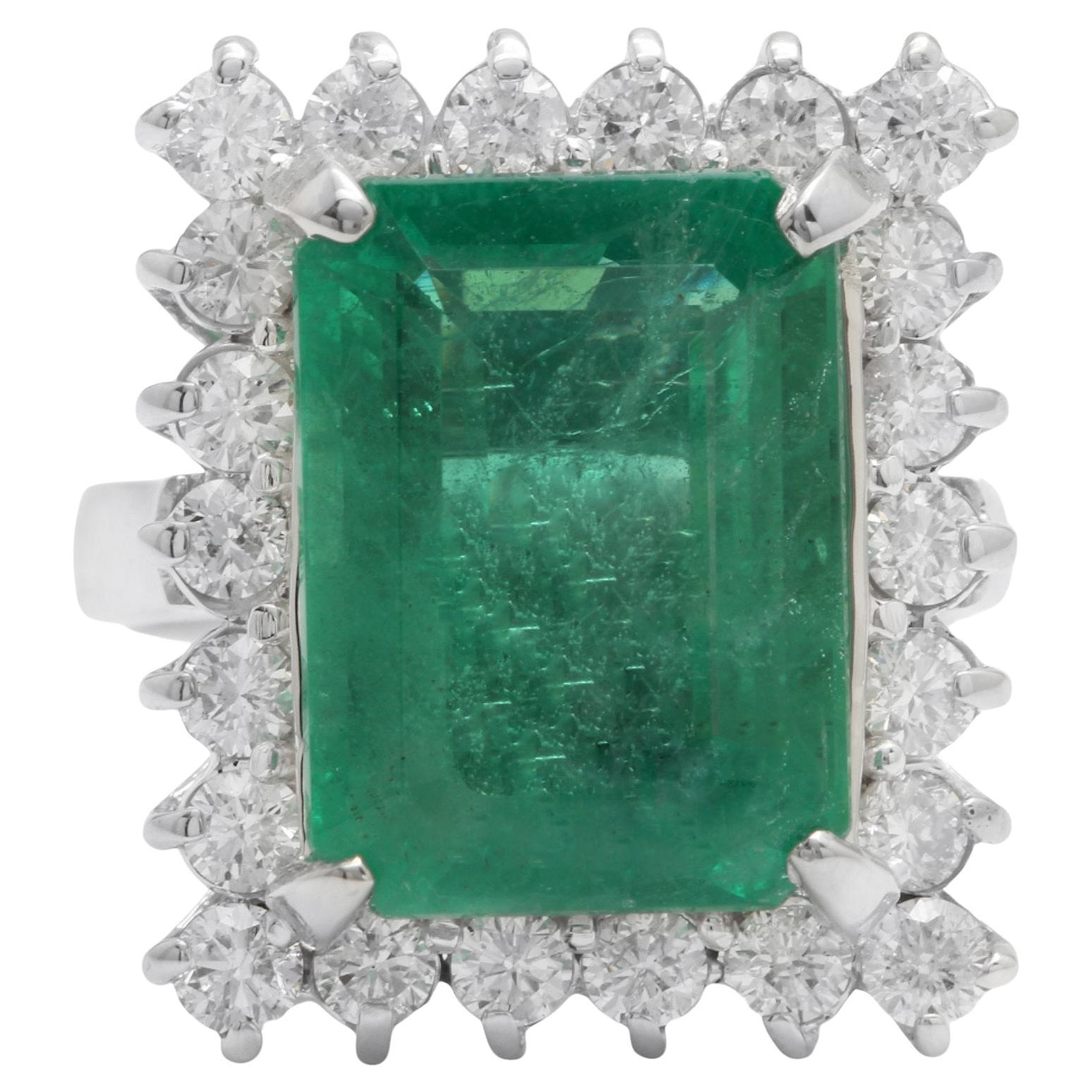 CERTIFIED! 10.88 Carats Natural Emerald and Diamond 14K Solid White Gold Ring