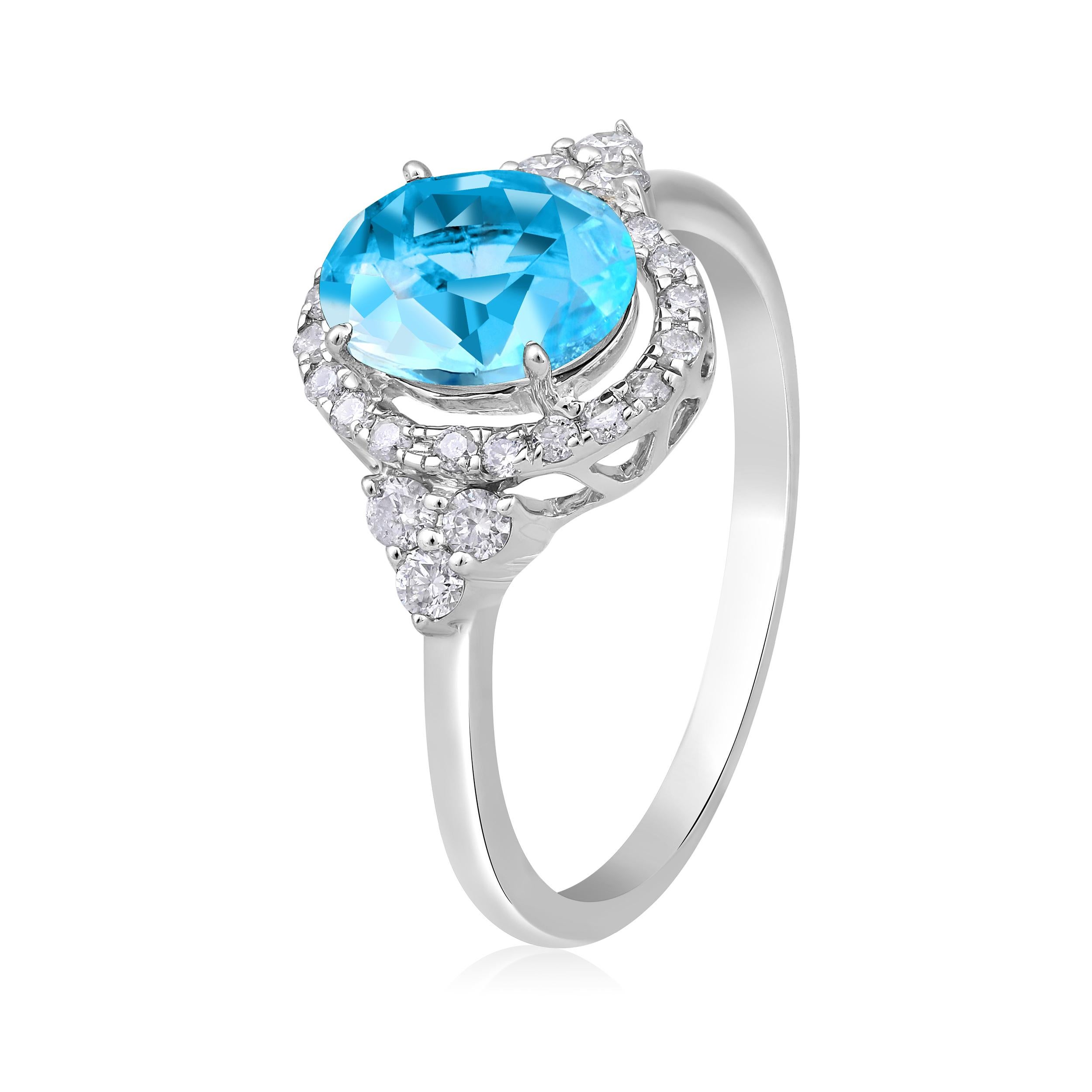 Ring Size: US 7 

Crafted in 2.6 grams of 10K White Gold, the ring contains 26 stones of Round Diamonds with a total of 0.301 carat in F-G color and I1-I2 clarity combined with 1 stone of Lab Created Aquamarine Gemstone with a total of 0.934