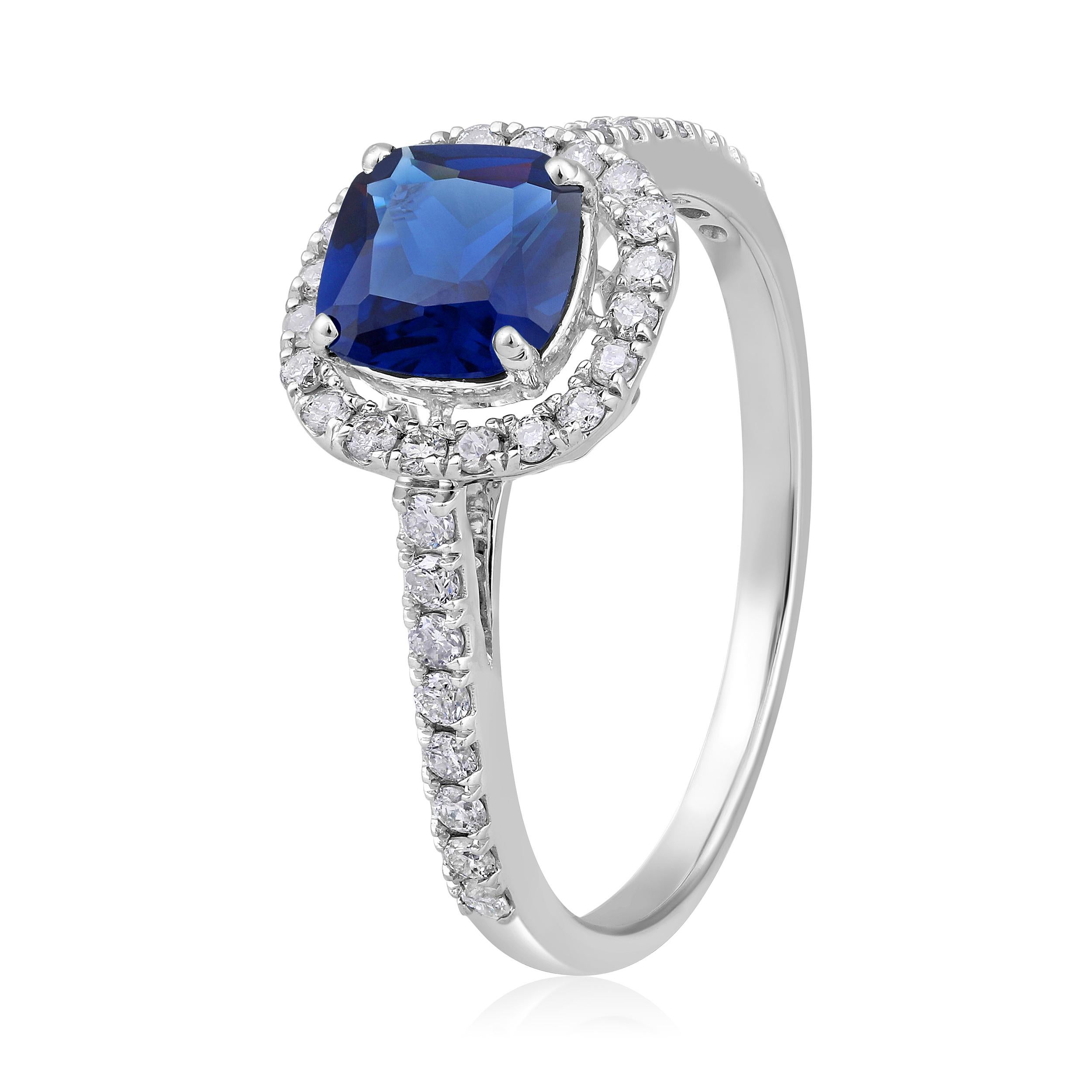 Ring Size: US 7 

Crafted in 1.72 grams of 10K White Gold, the ring contains 36 stones of Round Diamonds with a total of 0.323 carat in F-G color and I1-I2 clarity combined with 1 stone of Lab Created Sapphire Gemstone with a total of 0.848