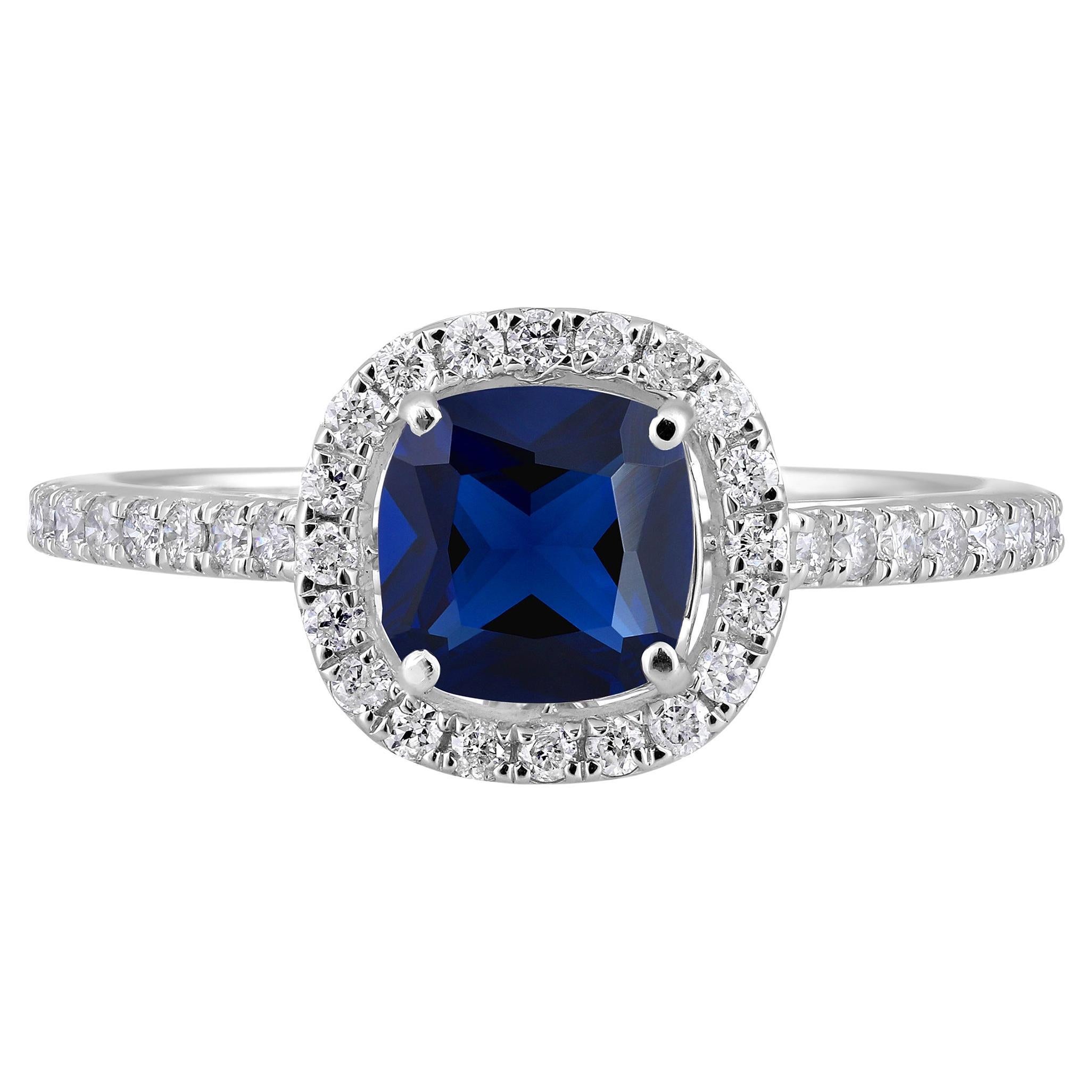 Certified 10k Gold 1.2 Carat Natural Diamond W/ Lab Sapphire Cushion Halo Ring For Sale