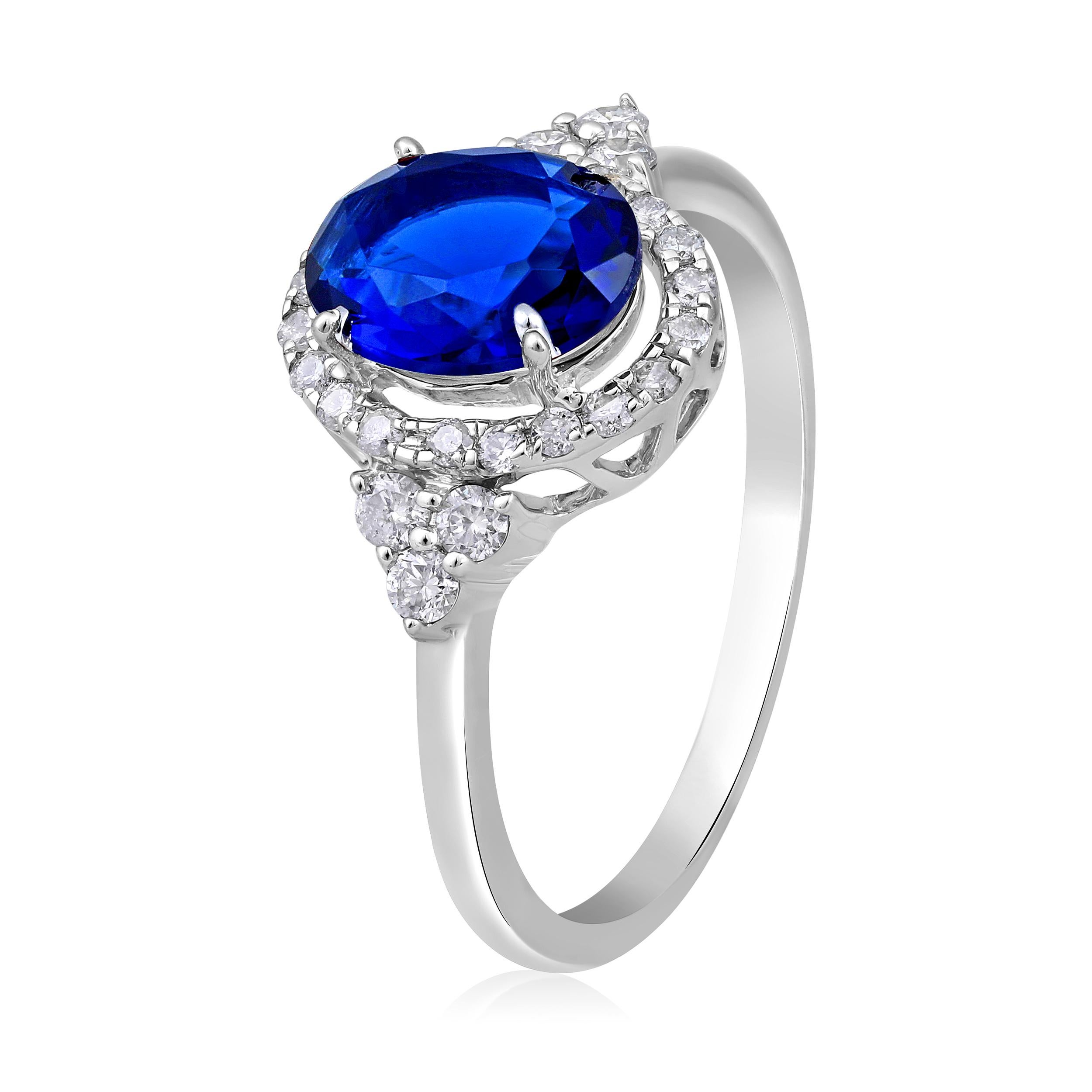 Ring Size: US 7 

Crafted in 2.47 grams of 10K White Gold, the ring contains 26 stones of Round Diamonds with a total of 0.291 carat in F-G color and I1-I2 clarity combined with 1 stone of Lab Created Sapphire Gemstone with a total of 1.045